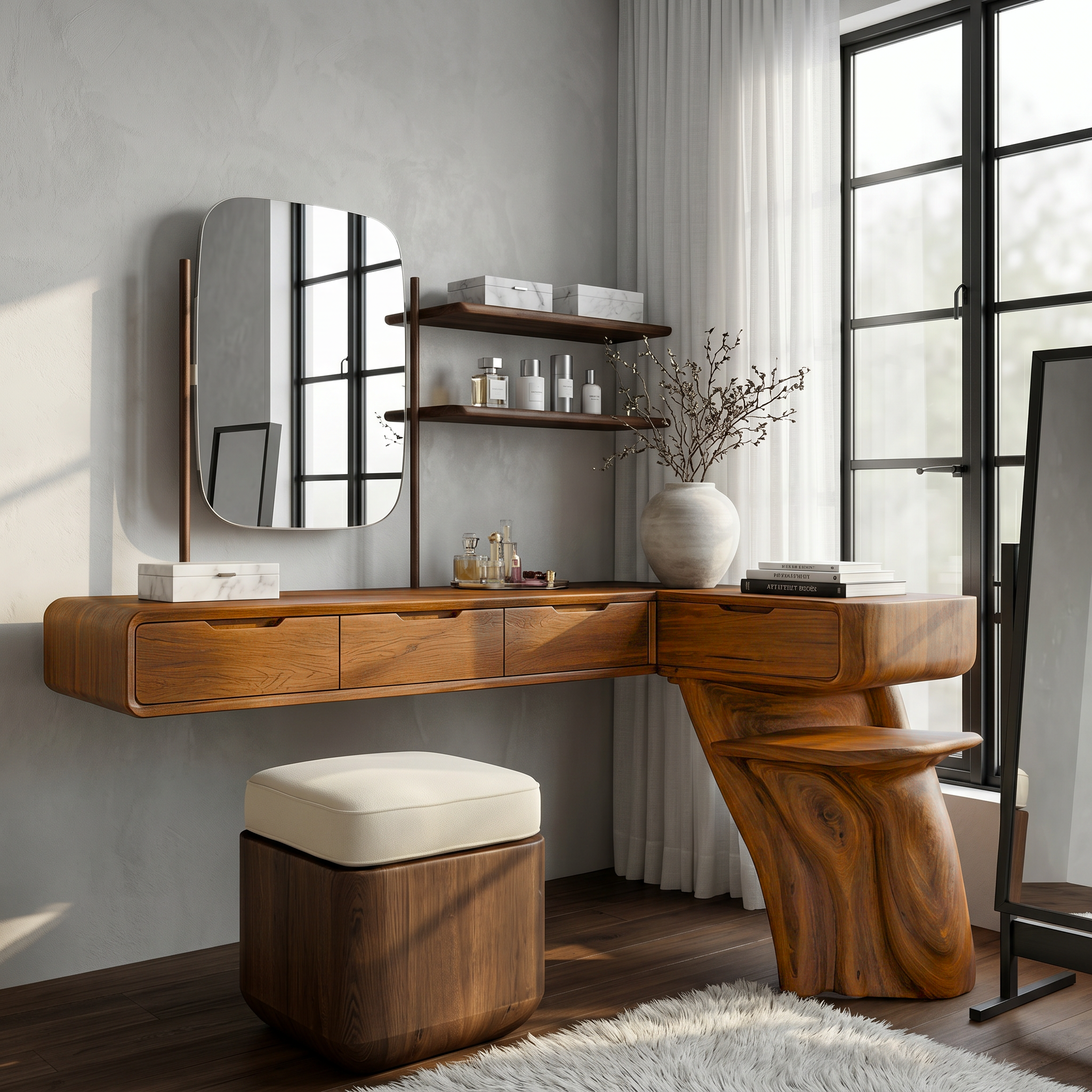 Nature Inspired Dressing Table With Sculptural Wood Design For Bedroom SINLSABDT085