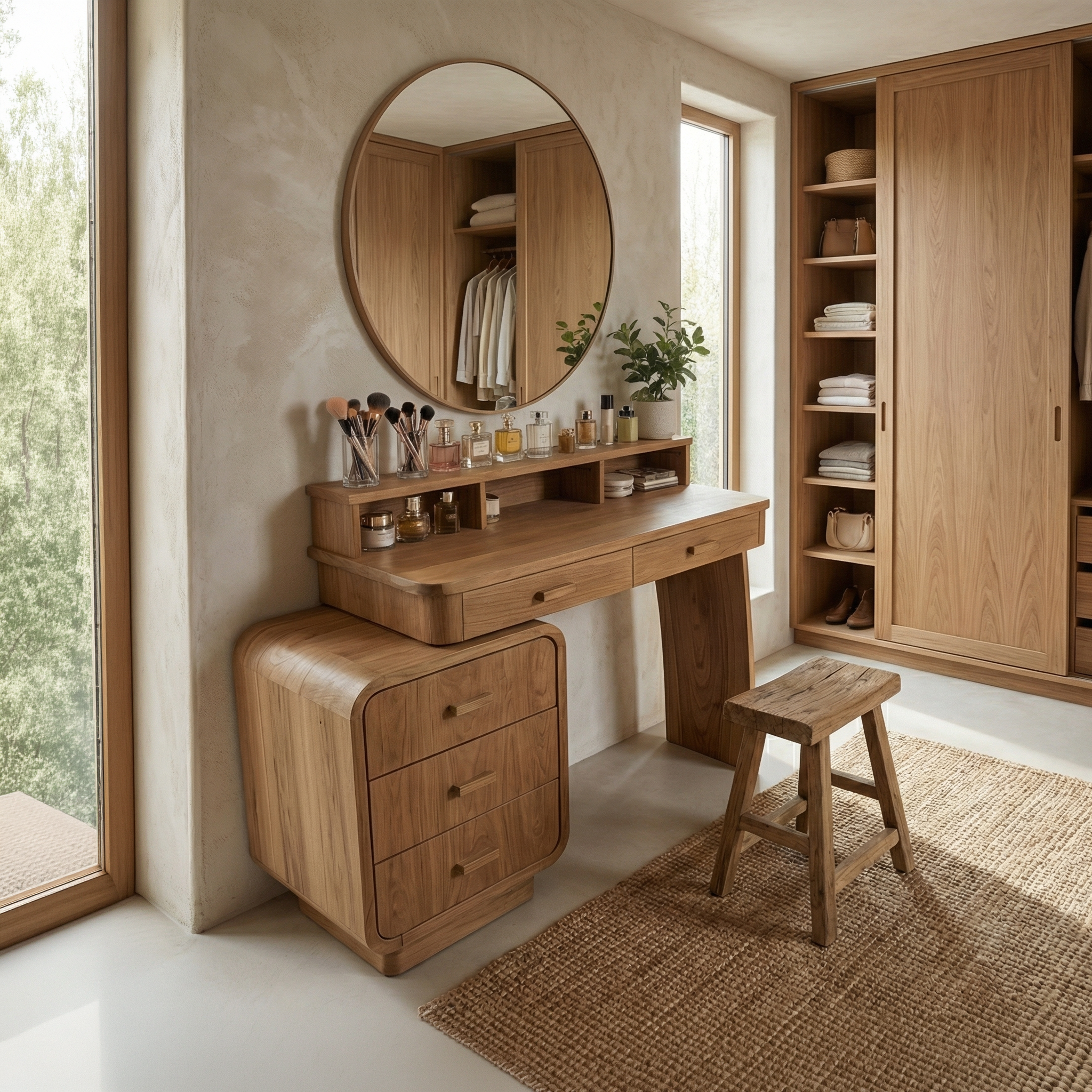 Mid Century Dressing Table With Storage Cabinet Soft Rounded Design For Bedroom SINLSABDT055