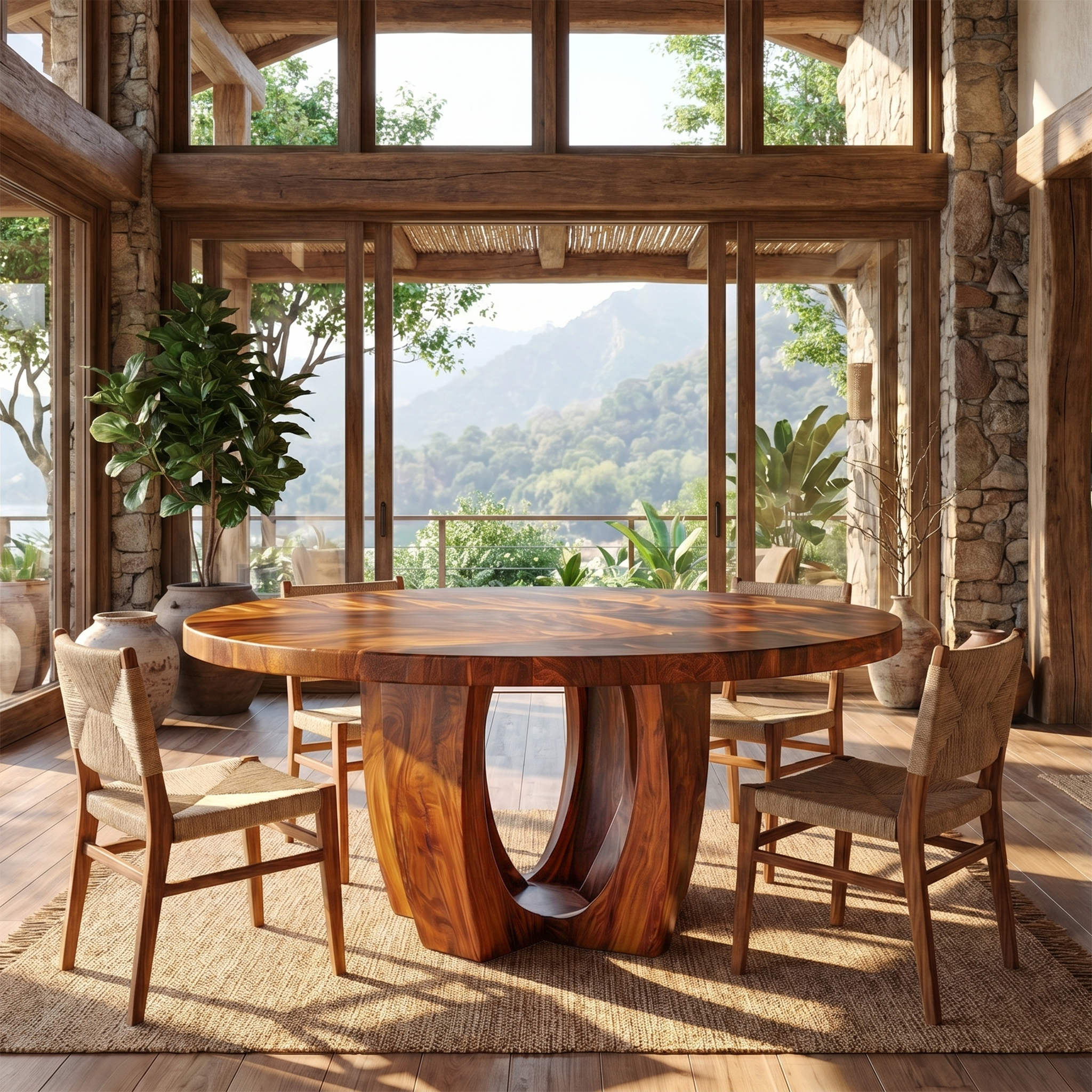 Modern Round Dining Table With Sculptural Wood Base For Dining Room SINLSADT180
