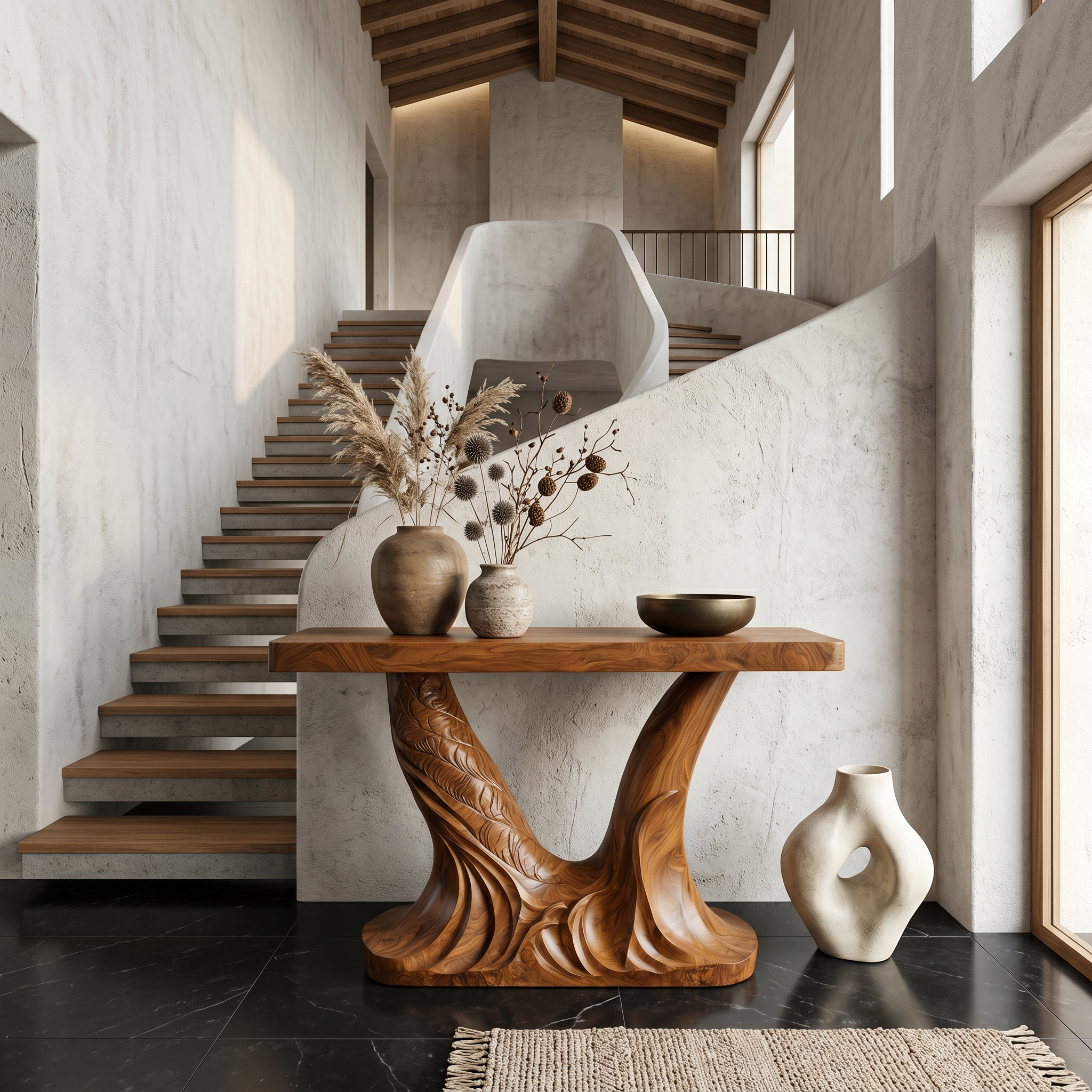 Organic Console Table With Sculptural Double Pedestal Base For Entryway SINLSACS628