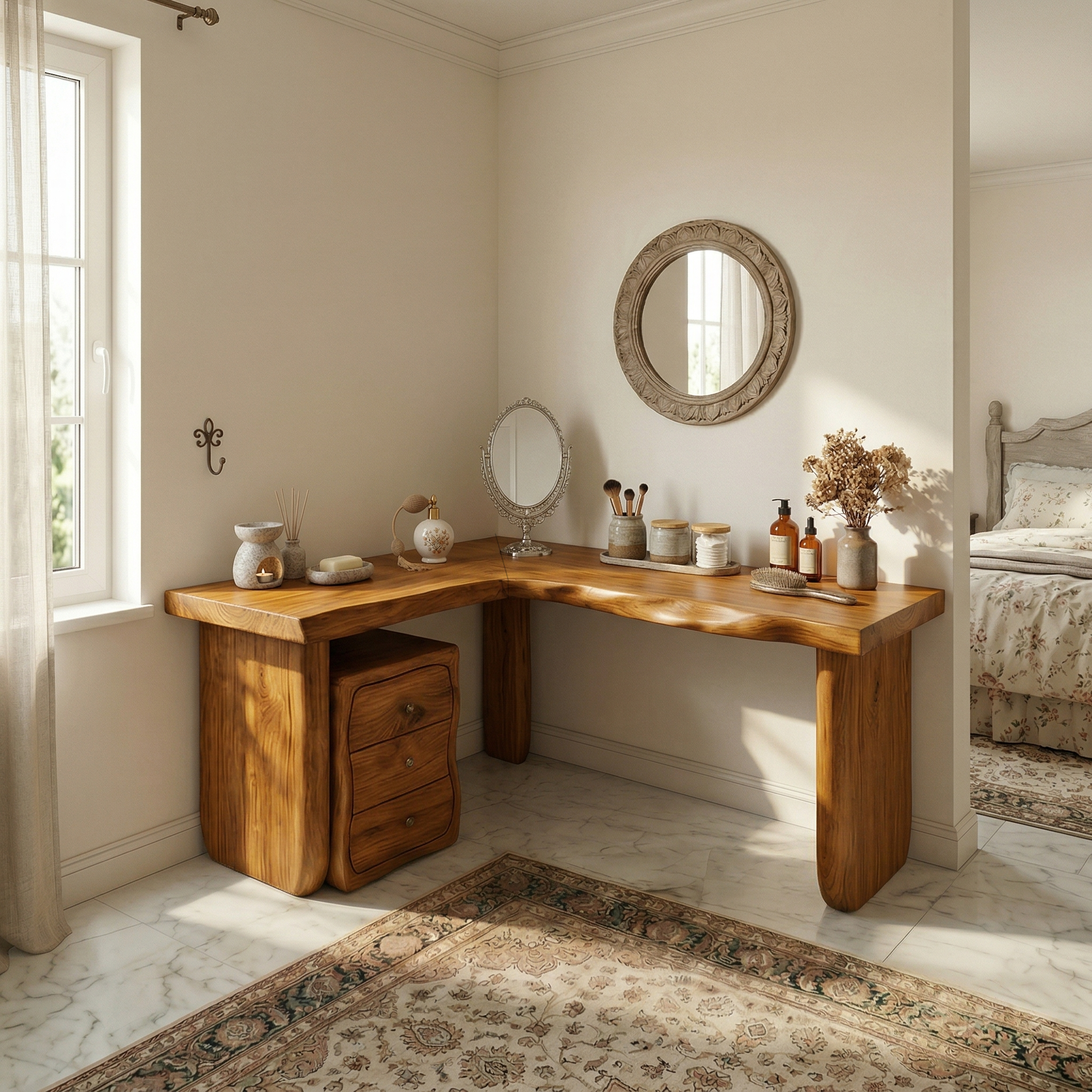 Minimal Organic Vanity Table Makeup Desk Corner L Shape Bedroom And Vanity Area SINLSABDT063