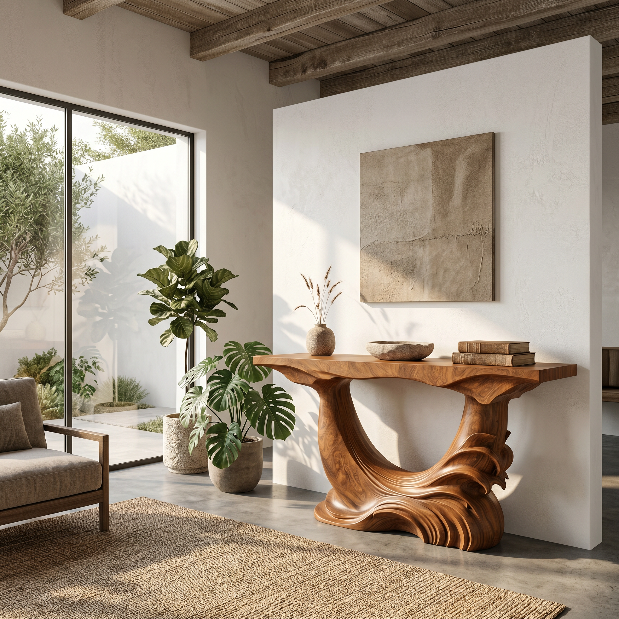 Natural Console Table With Flowing Wood Sculpture For Hallway SINLSACS633