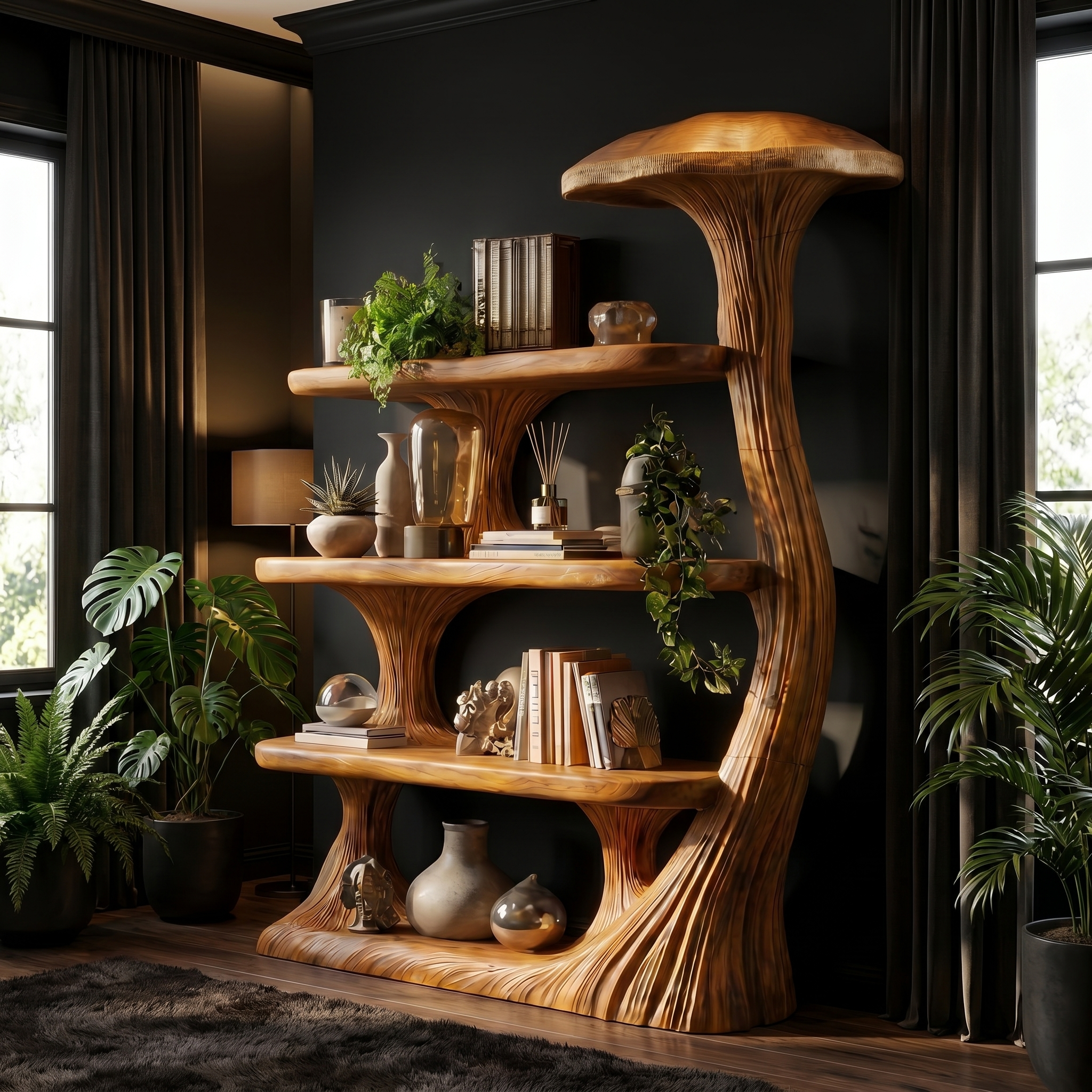 Mushroom Bookshelf Wooden Bookcase Display Shelf For Living Room Bedroom Decor SINLSATB731