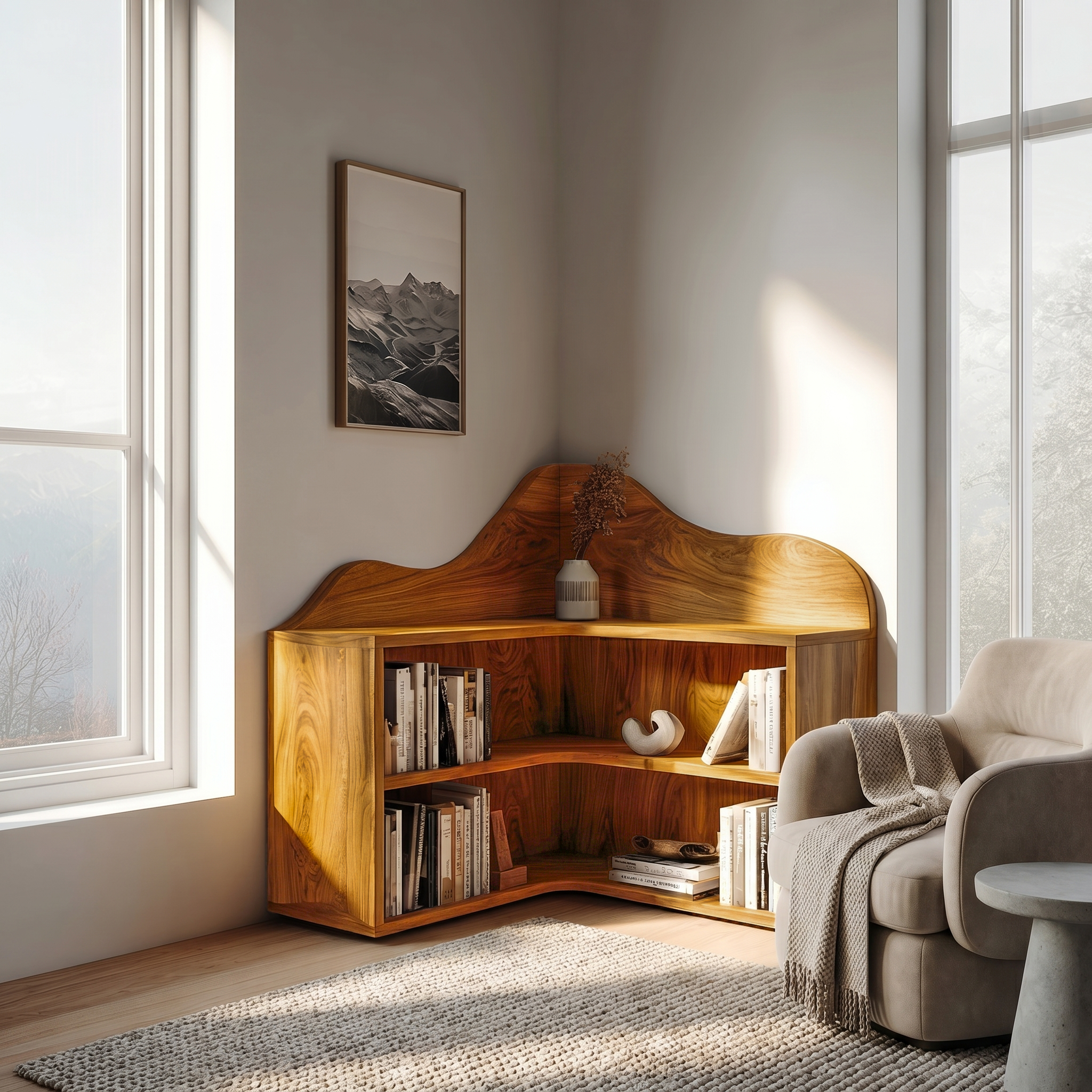Organic Corner Bookshelf With Sculptural Curved Shelves And Open Storage For Living Room And Bedroom SINLSABS021