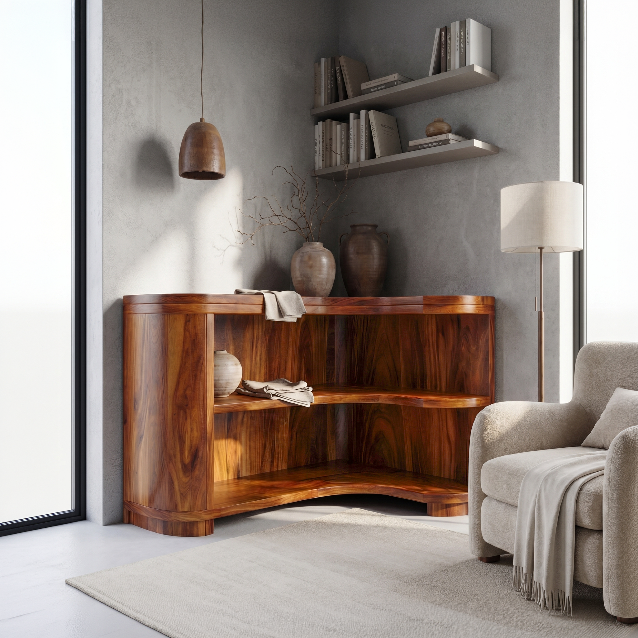 Modern Organic Corner Bookshelf With Solid Wood Open Shelves And Curved Design For Living Room And Bedroom SINLSABS022