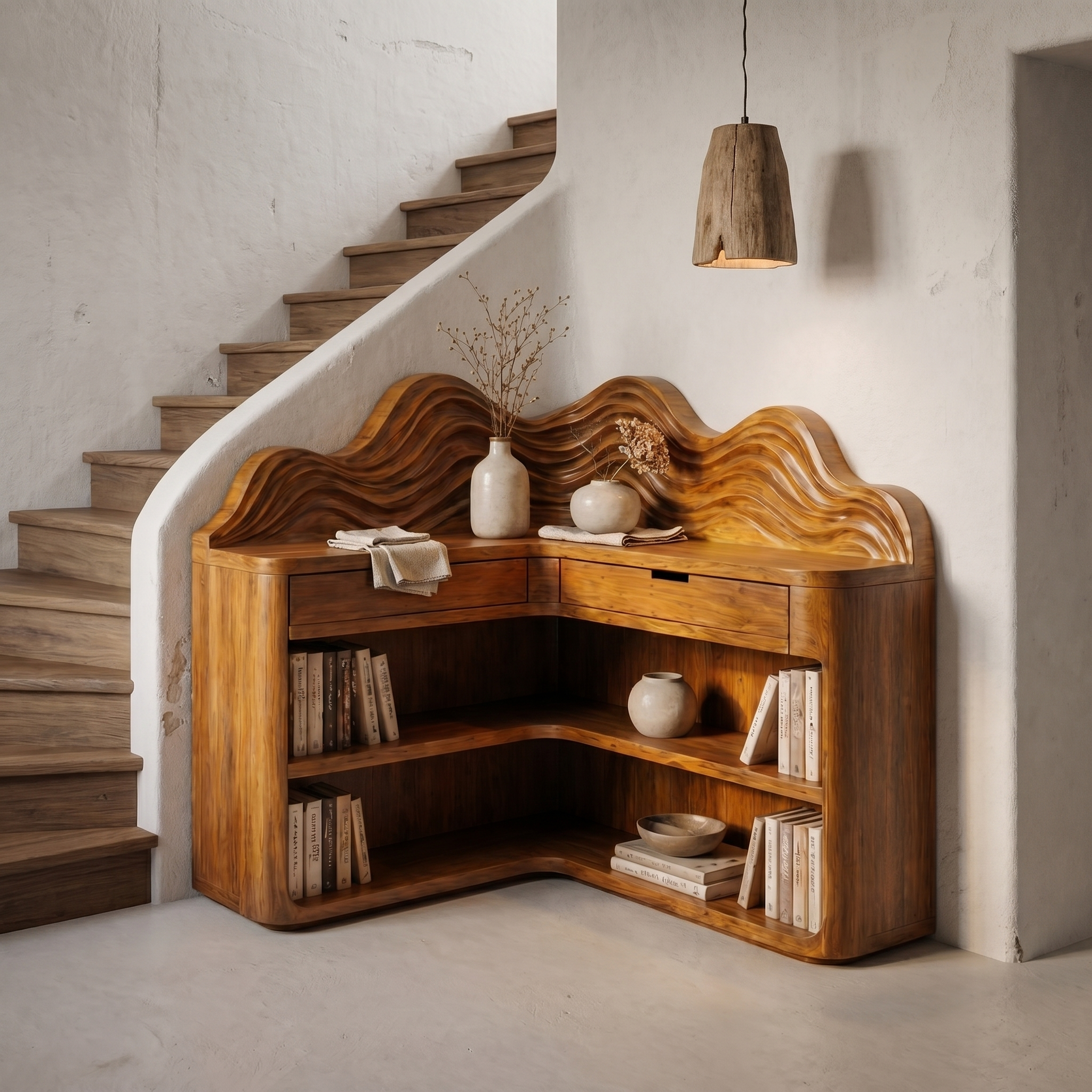 Scandinavian Wave Top Corner Bookshelf With Multi Tier Open Shelves For Living Room And Bedroom SINLSABS023
