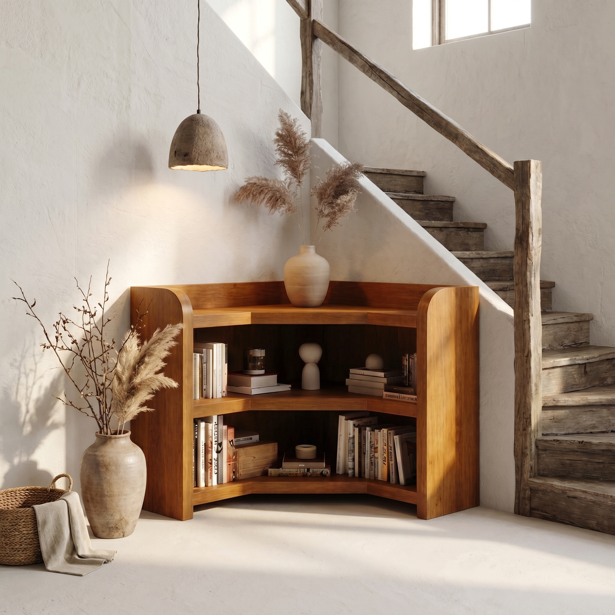 Natural Wooden Bookshelf With Rounded Edges And Open Shelves For Living Room And Bedroom SINLSABS028