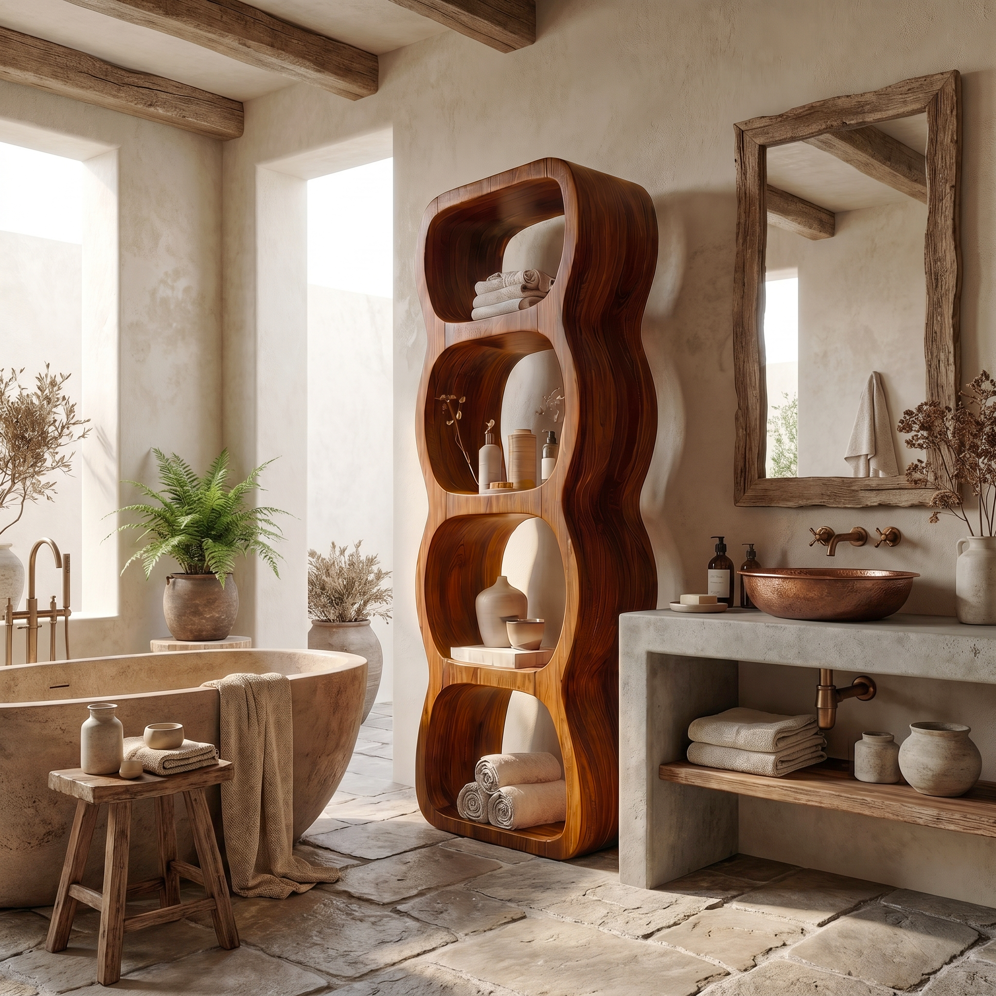 Rustic Bathroom Cabinet With Curved Wave Shape Design SINLSABCT031