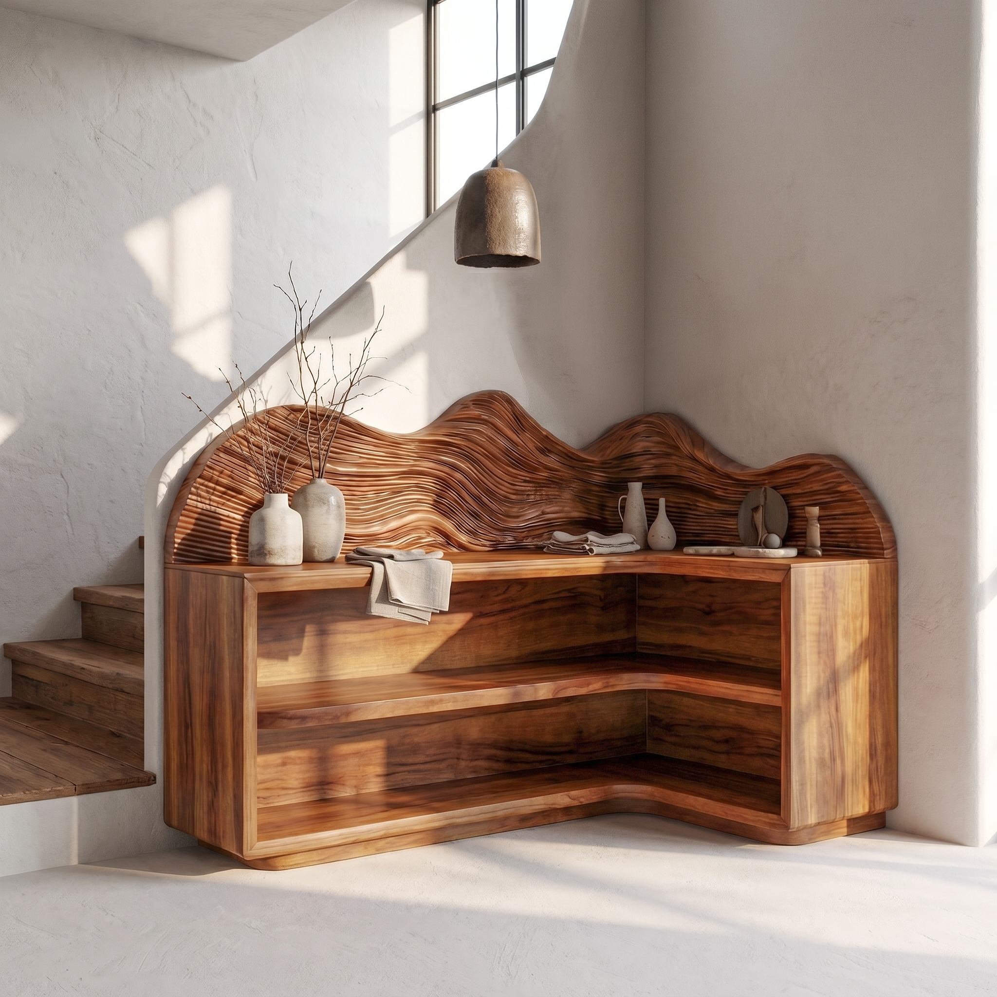 Contemporary Corner Bookcase With Sculptural Wooden Shelves For Living Room SINLSABS030