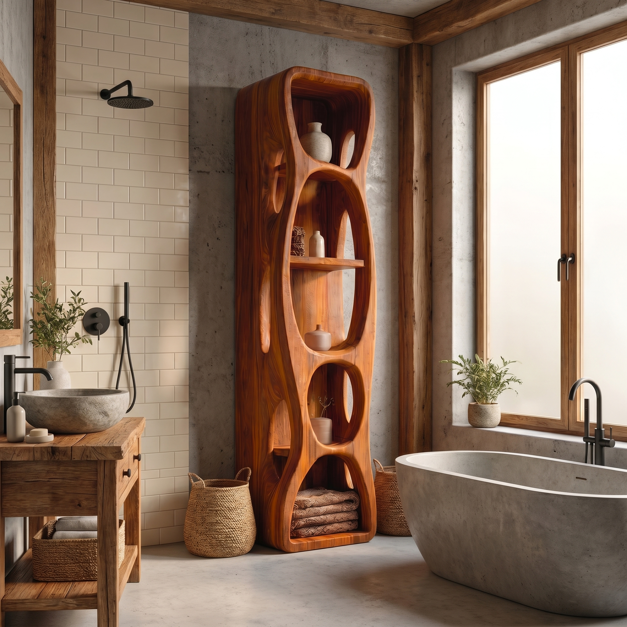 Sculptural Bathroom Cabinet With Hollow Cut Design And Open Shelving For Bathroom SINLSABCT032