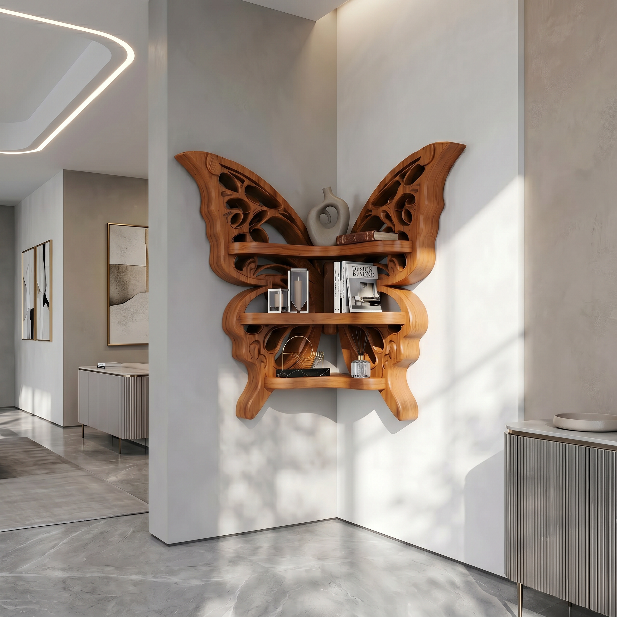 Sculptural Butterfly Floating Shelf With Handcrafted Solid Wood Design For Living Room SINLSAFL544