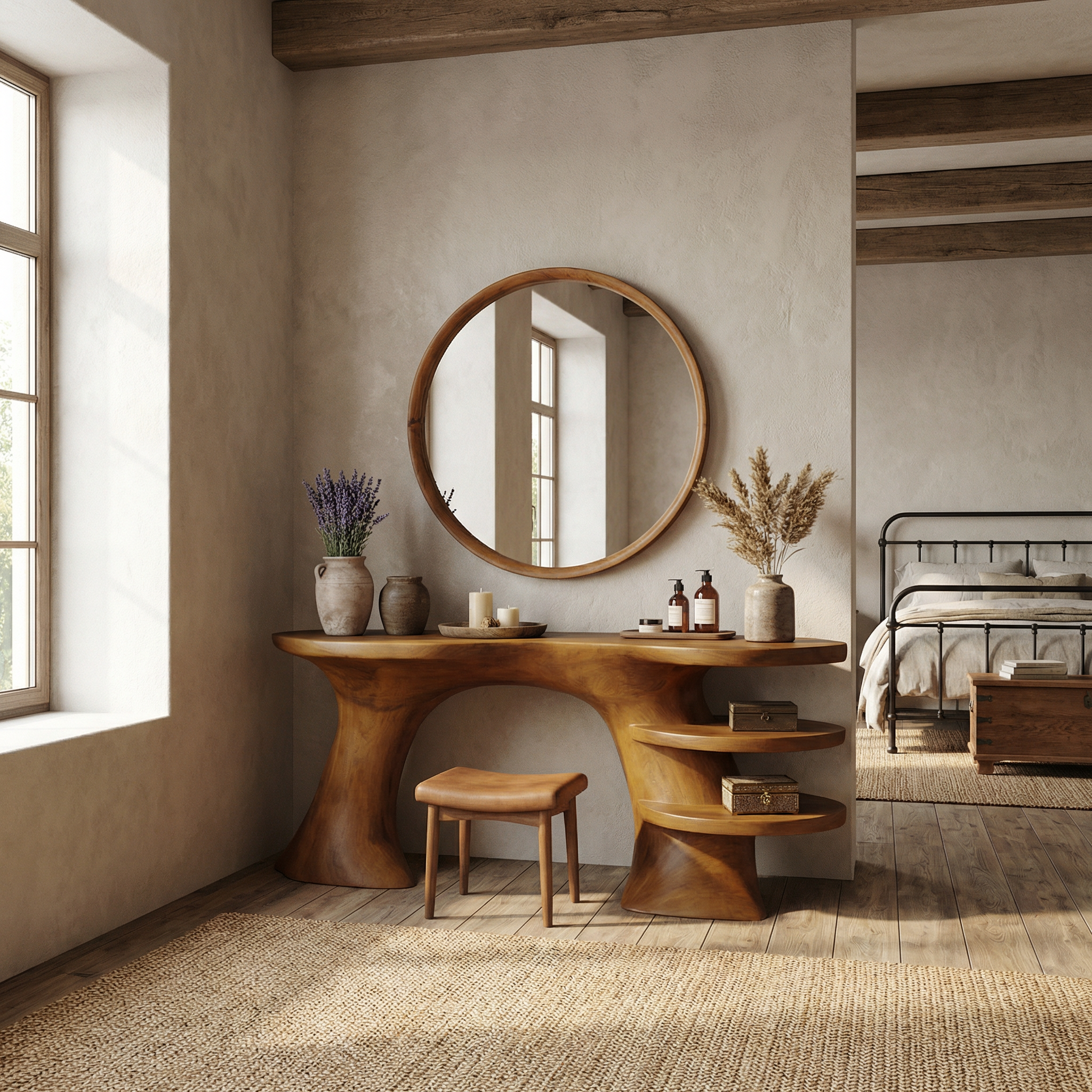 Sculptural Organic Dressing Table With Shelves For Bedroom Decor SINLSABDT068