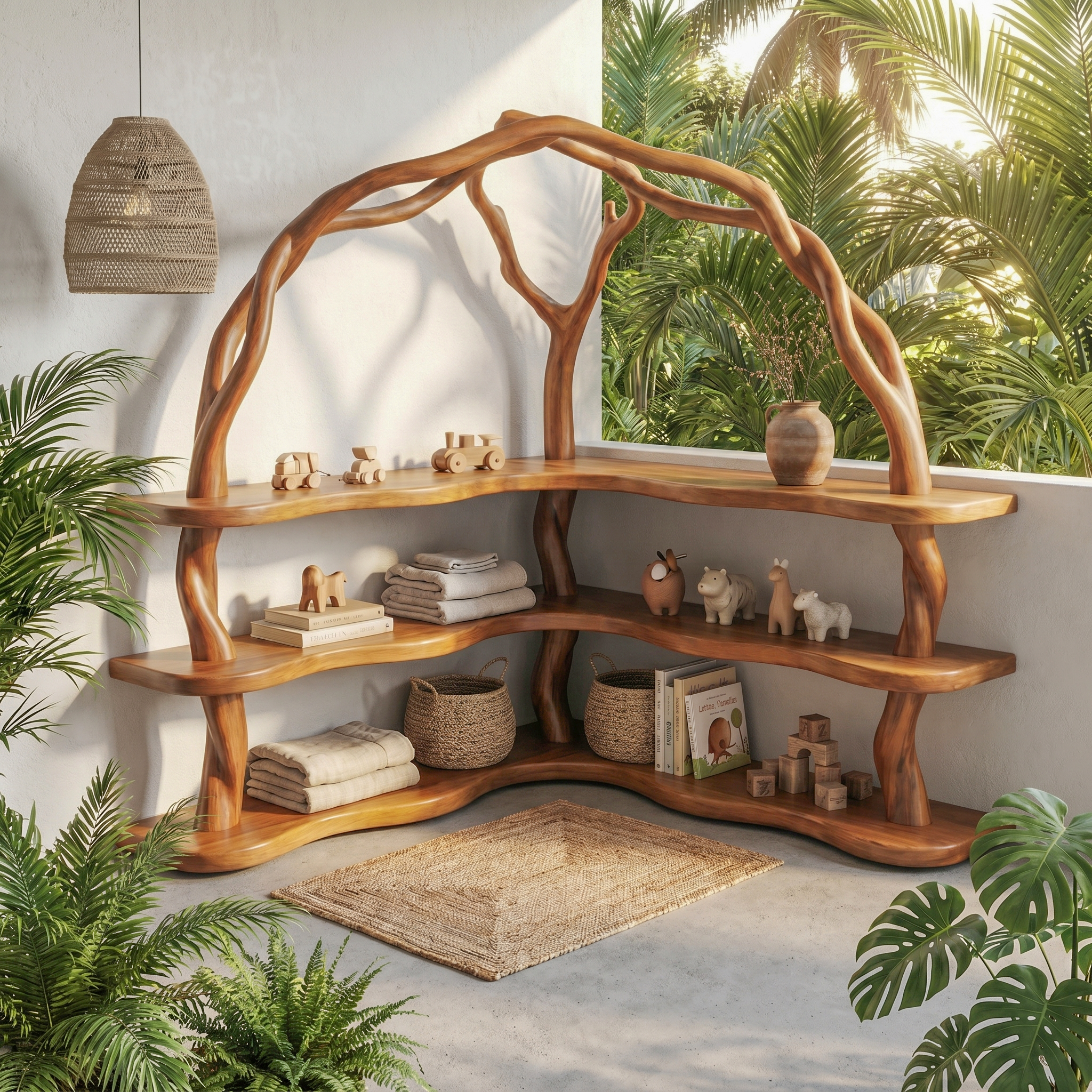 Organic Corner Bookcase With Natural Branch Frame Design For Living Room And Bedroom SINLSABS016