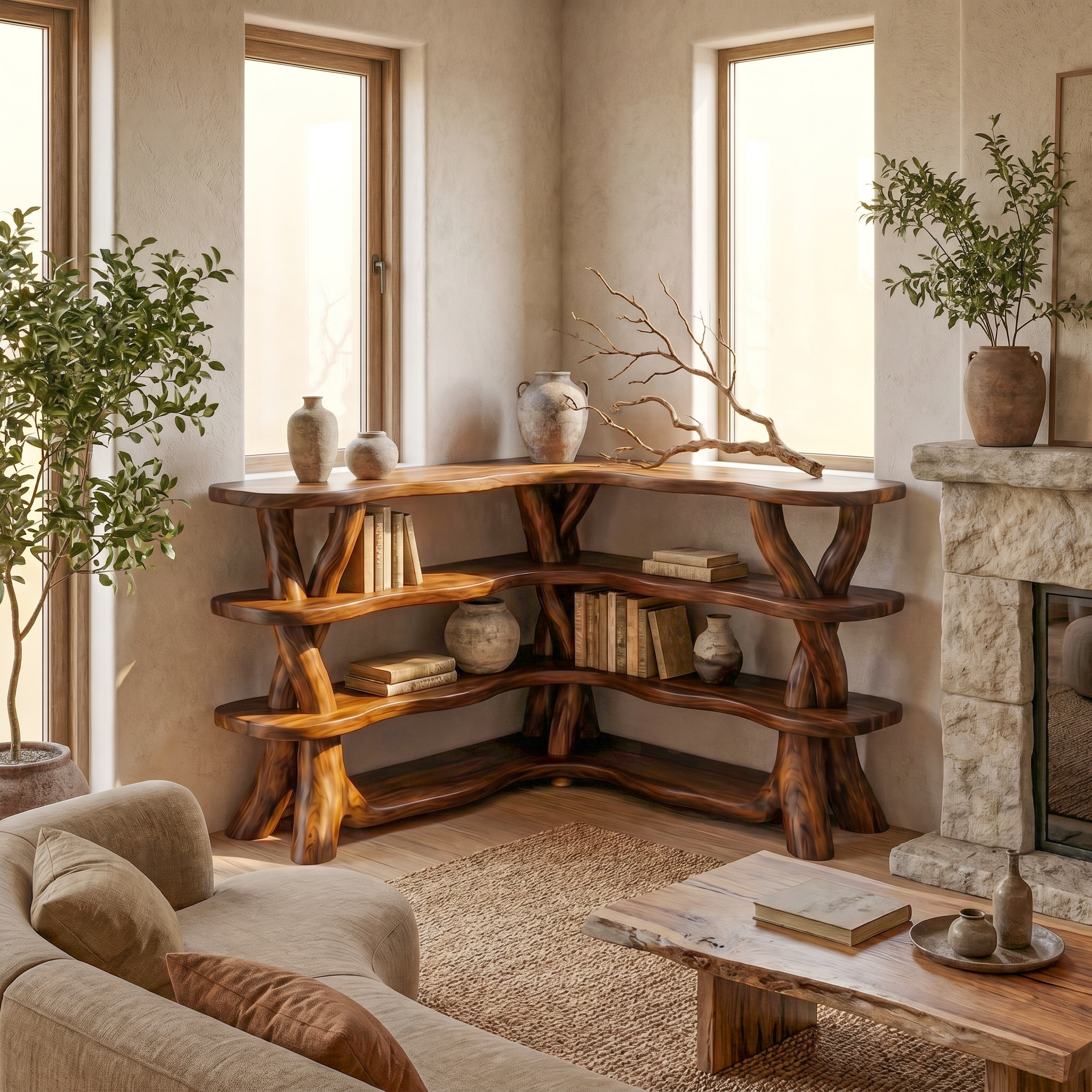 Rustic Organic Corner Bookshelf With Sculptural Tree Branch Shelves For Living Room And Bedroom SINLSABS017