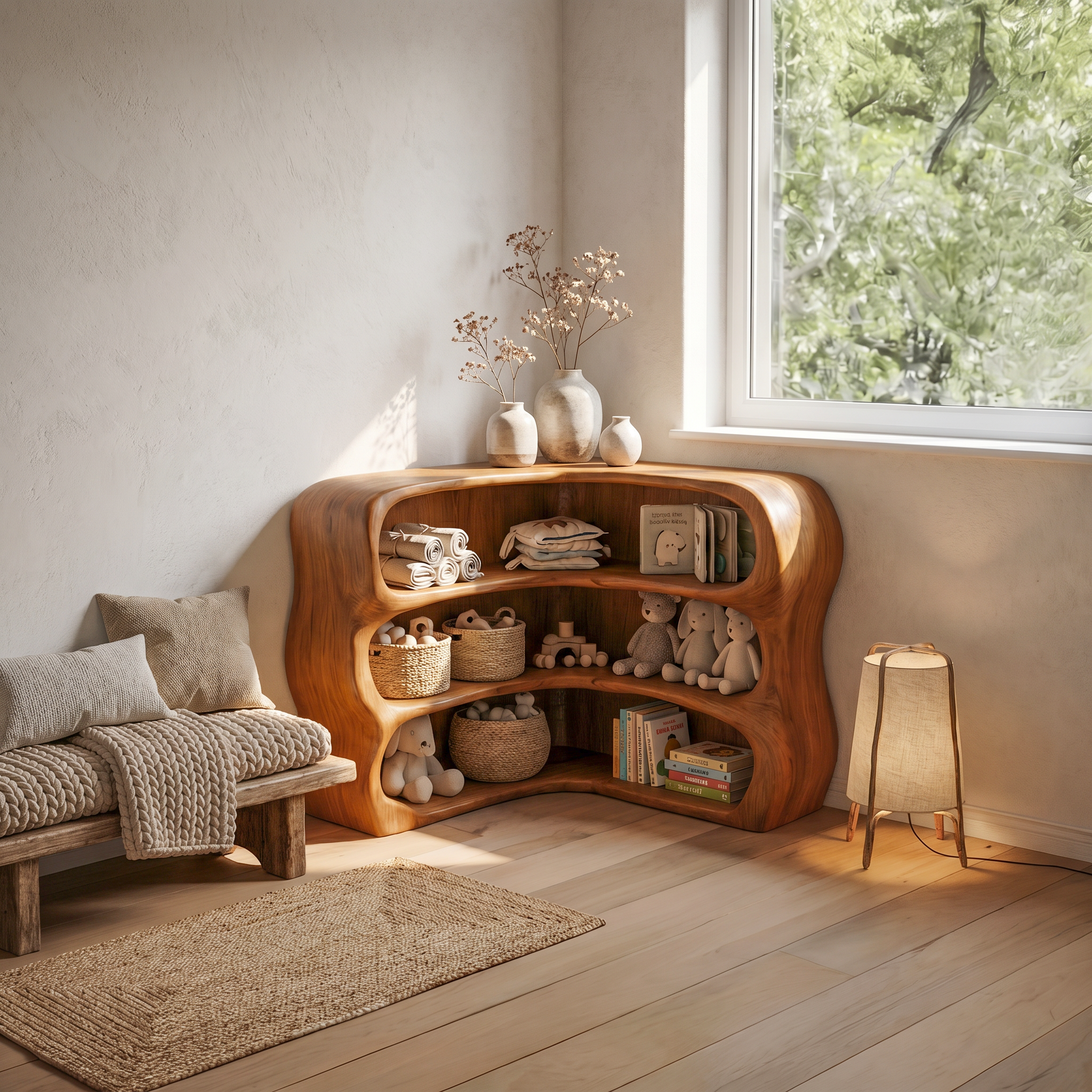 Modern Curved Bookshelf With Sculptural Open Shelves For Living Room And Bedroom SINLSABS019