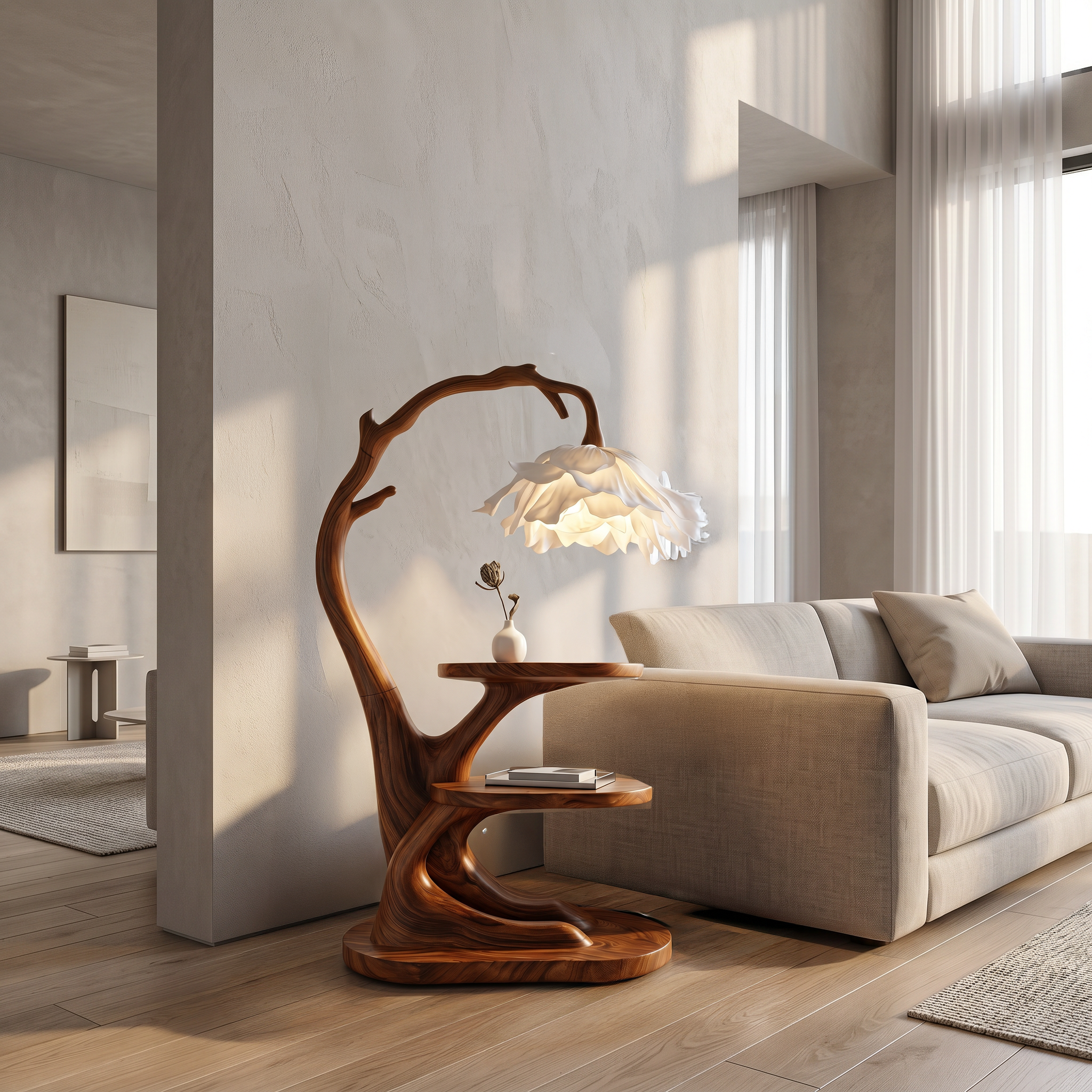 Organic Bedside Table With Sculptural Flower Lamp For Bedroom And Reading Nook SINLSABT273