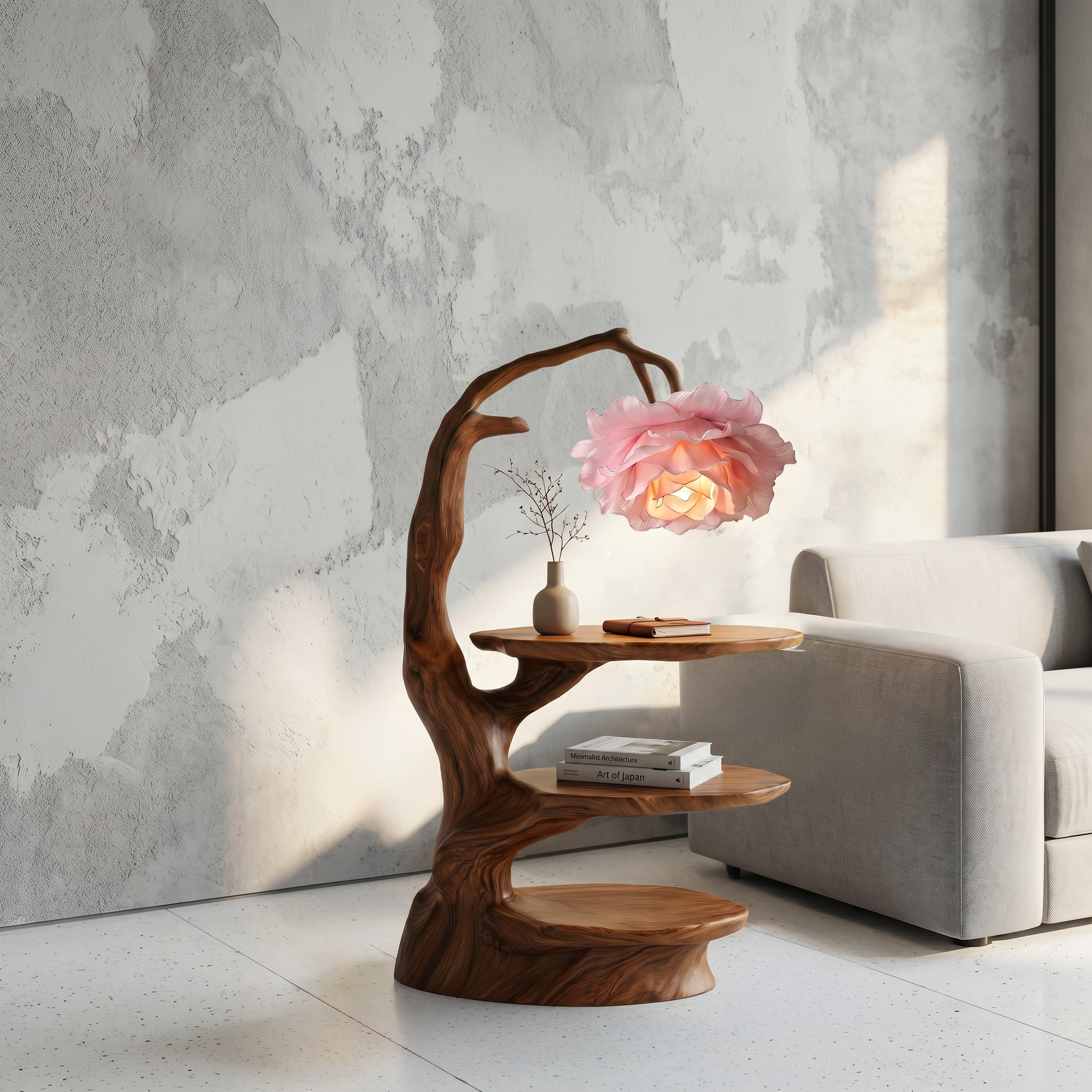 Natural End Table With Tree Branch Form And Flower Lamp For Bedroom And Reading Nook SINLSABT276