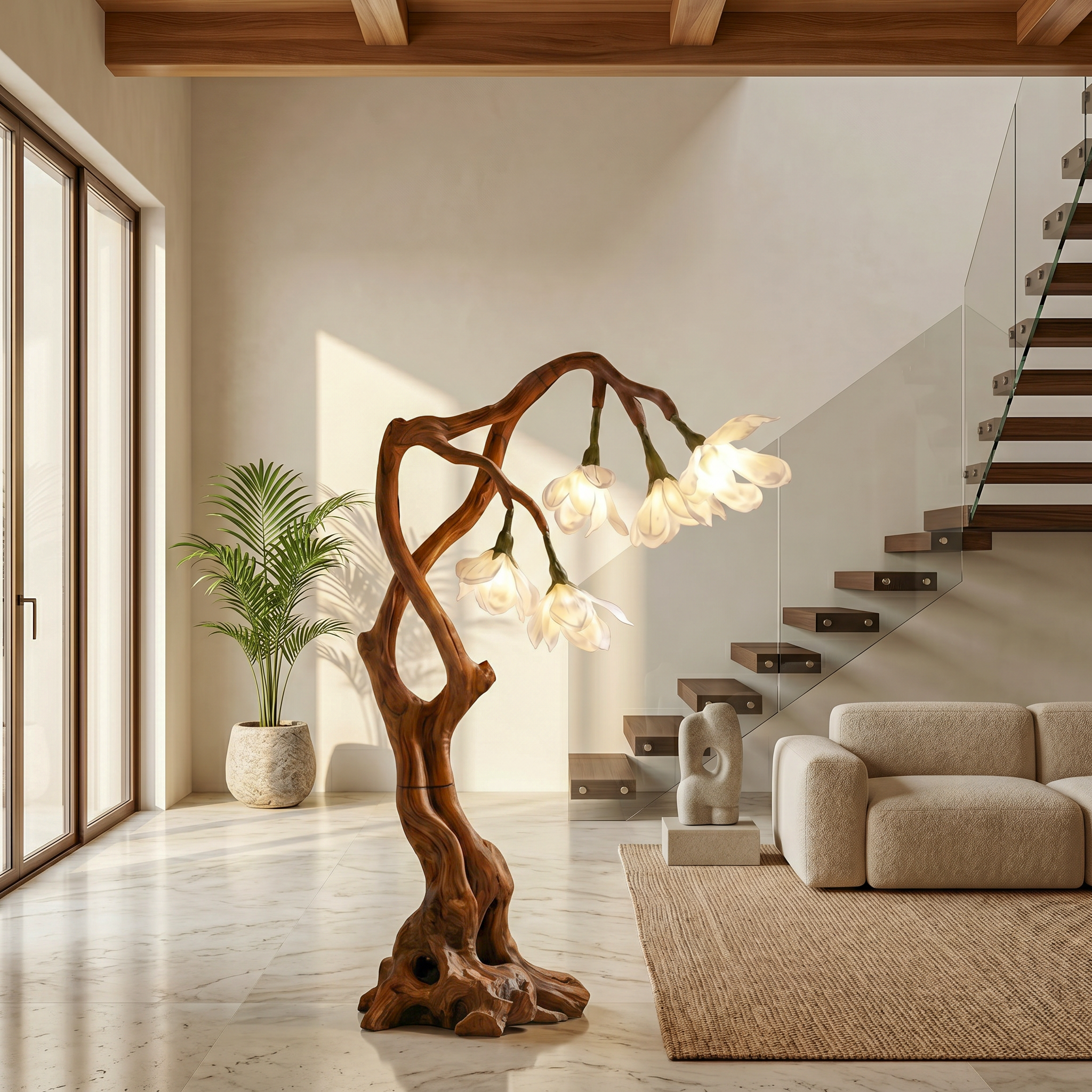 Petal Inspired Floor Lamp With Artistic Wood Base For Living Room And Bedroom SINLSAFLP082
