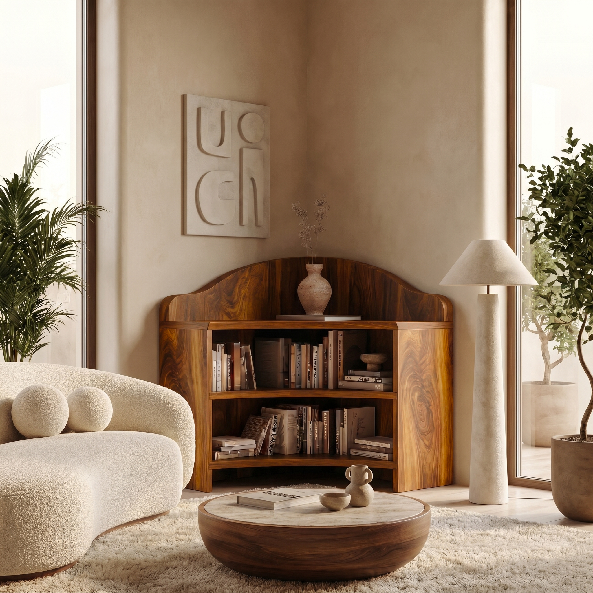 Minimal Corner Bookshelf With Clean Wooden Structure For Living Room SINLSABS026