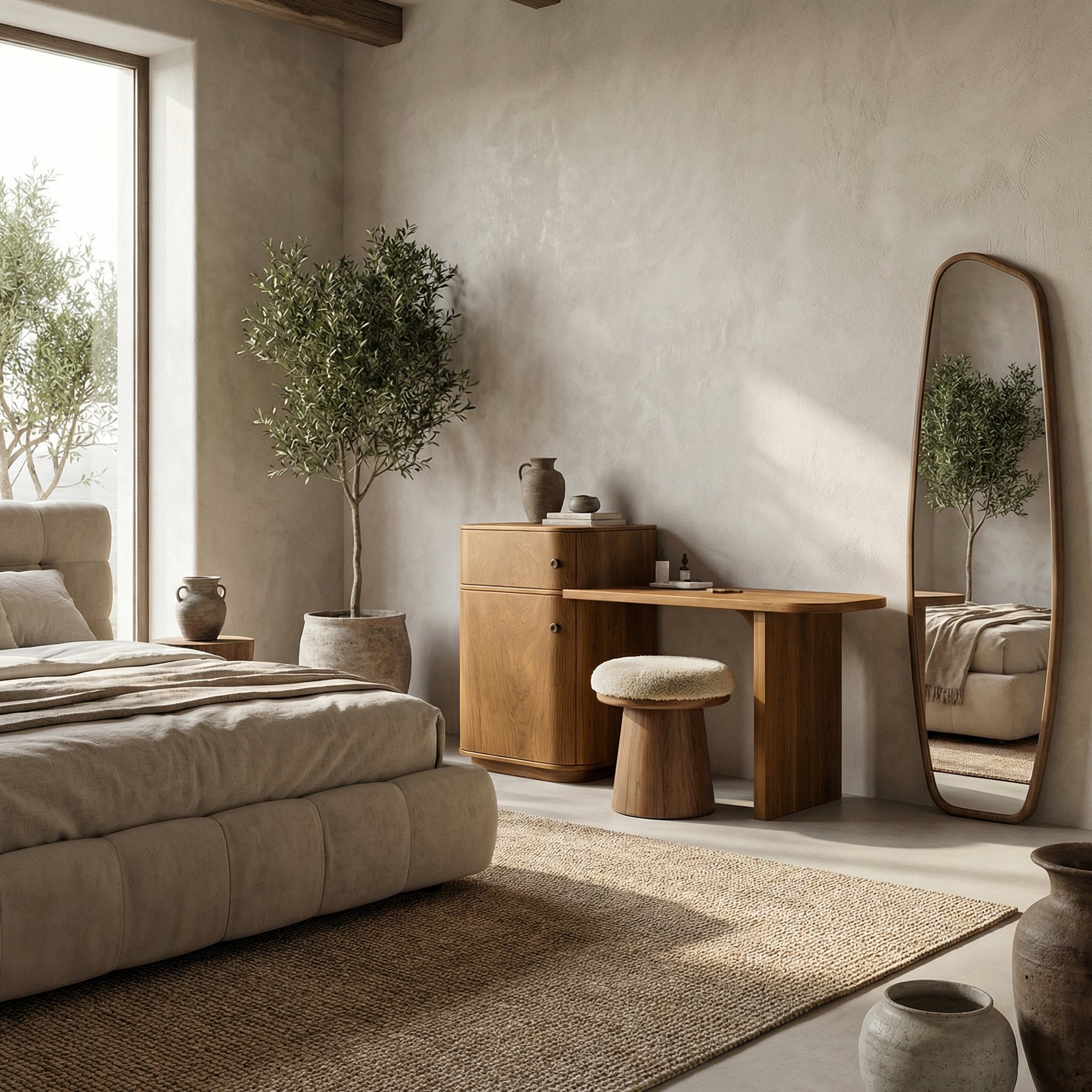 Scandinavian Dressing Table With Storage Cabinet Warm Minimalist Rounded Design For Bedroom SINLSABDT058