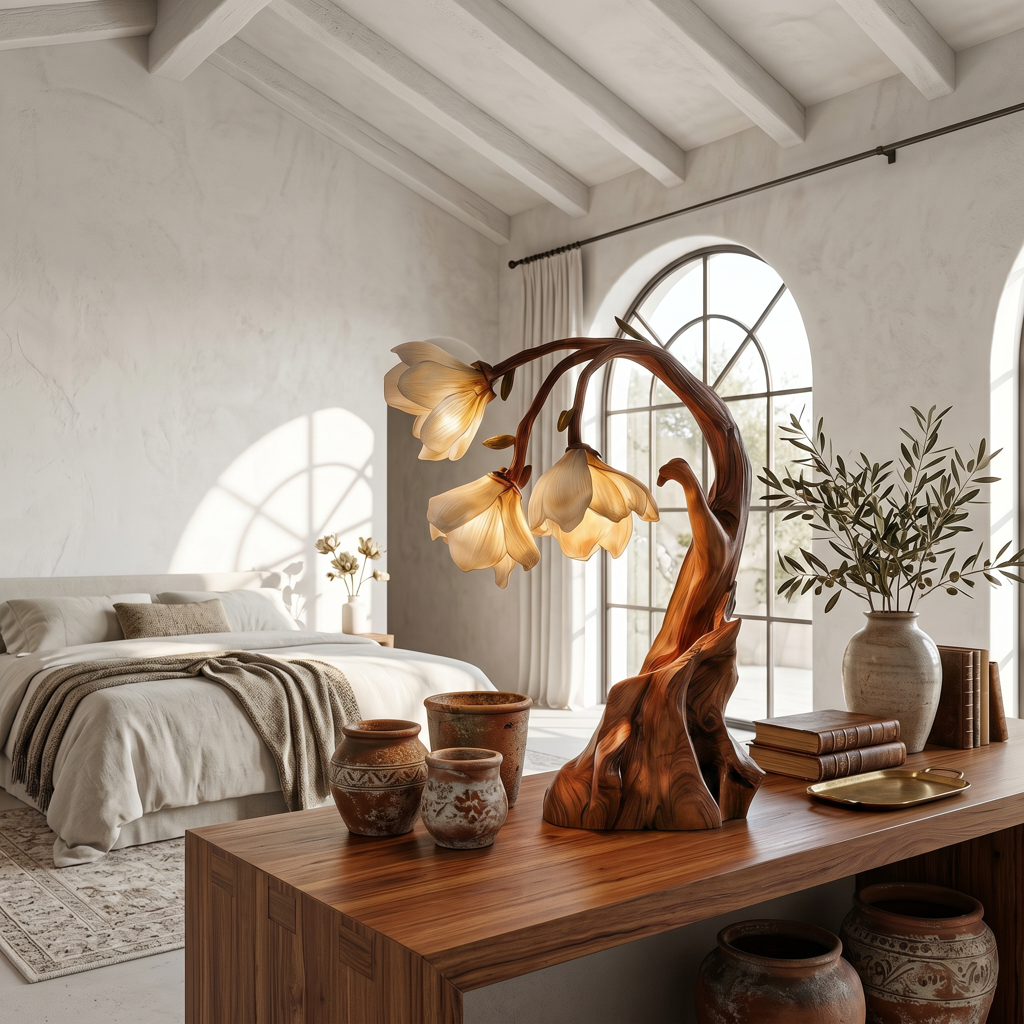 Contemporary Floral Table Lamp With Sculptural Solid Wood Base For Bedroom And Living Room SINLSATL007