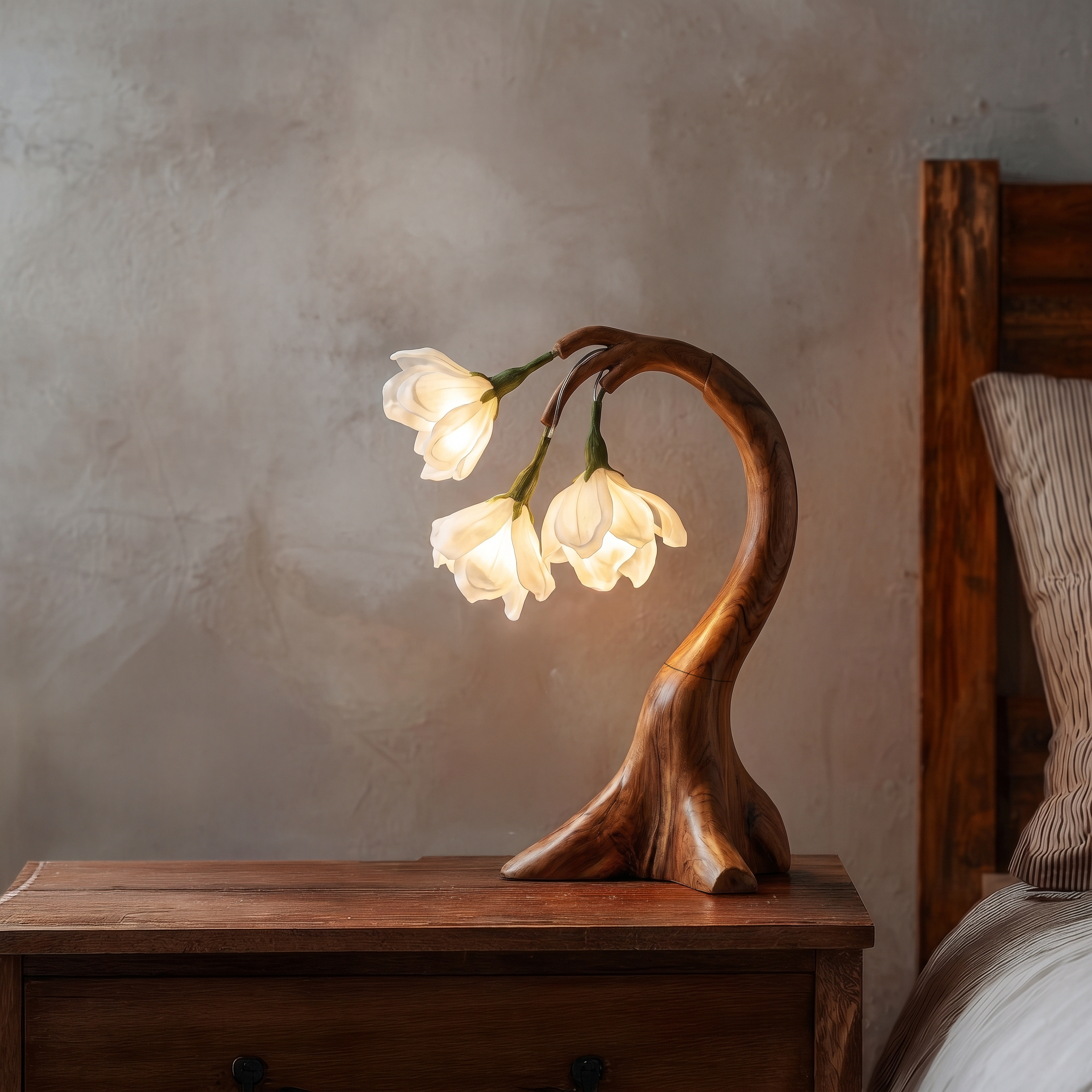 Modern Floral Table Lamp With Sculptural Curved Wood Base For Bedroom And Living Room SINLSATL008