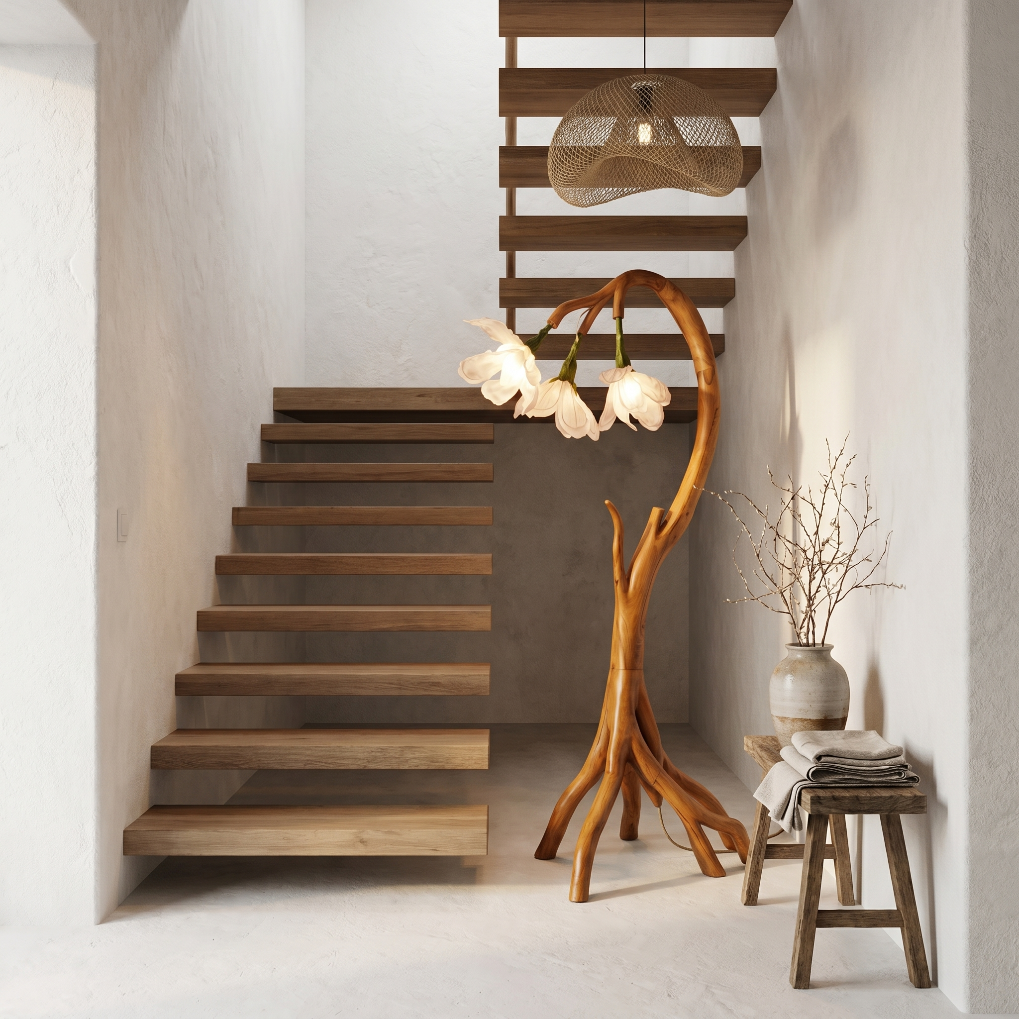 Botanical Flower Floor Lamp With Sculptural Wood Base For Living Room And Bedroom SINLSAFLP070