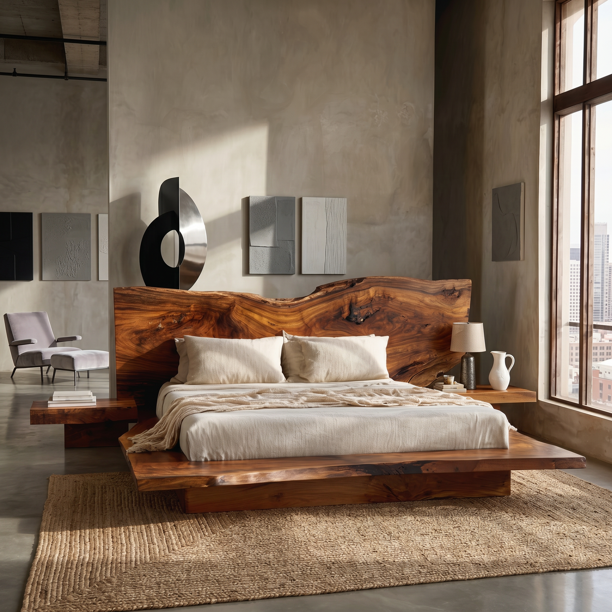 Rustic Live Edge Bed Frame With Sculptural Headboard For Bedroom SINLSAWB124
