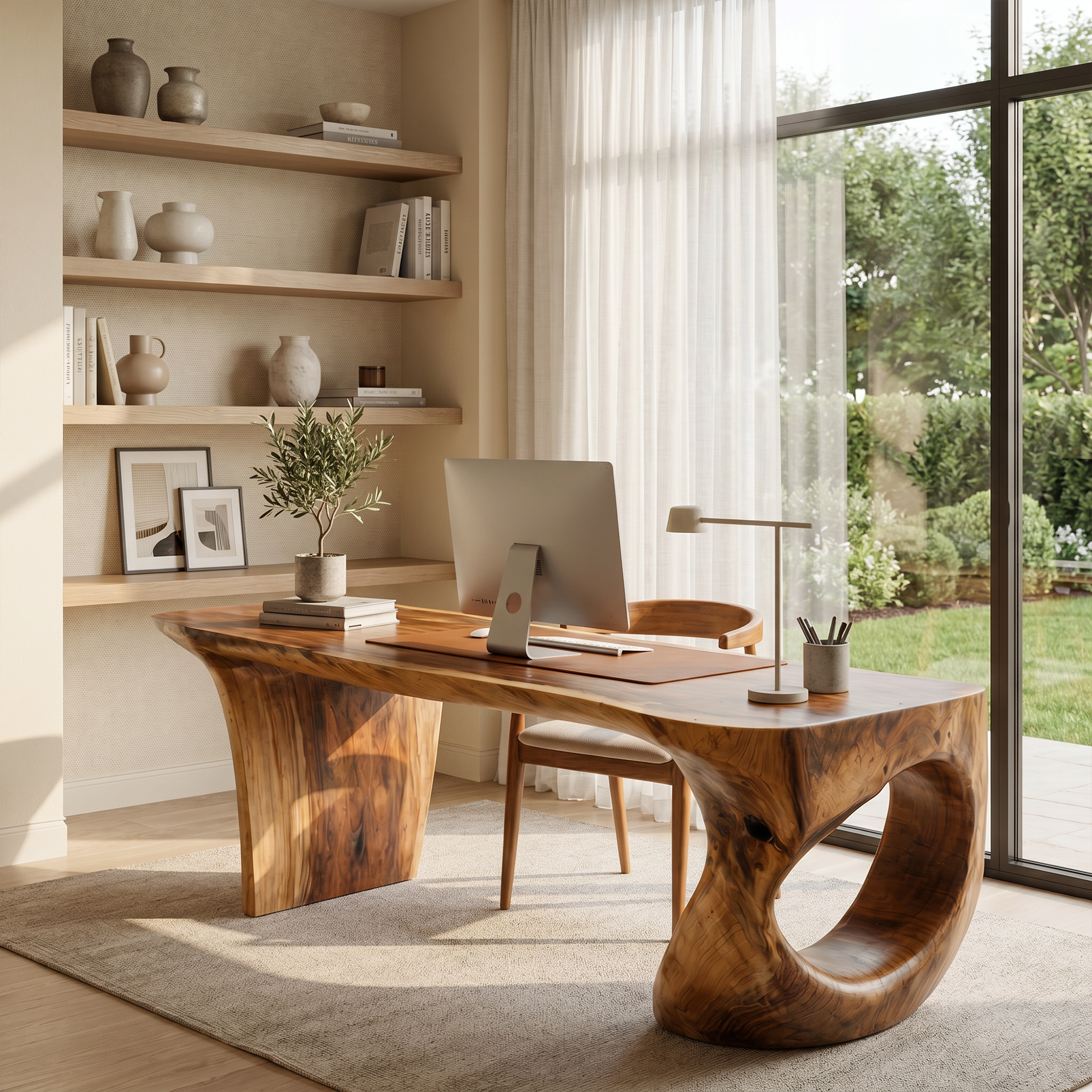 Contemporary Desk With Sculptural Loop Wood Base And Solid Wood Top For Home Office And Workspace SINLKIDK112