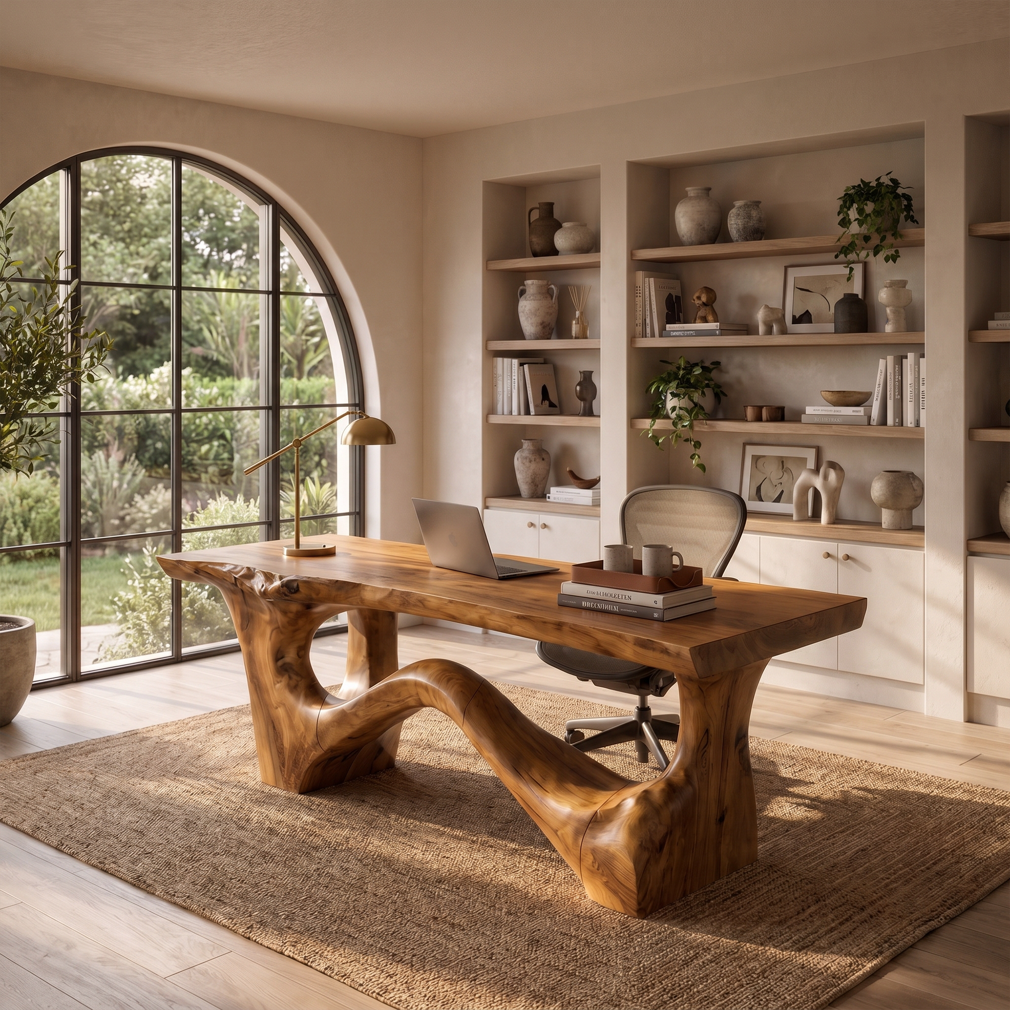 Organic Sculptural Desk With Asymmetrical Wood Base And Solid Wood Top For Home Office And Workspace SINLKIDK114