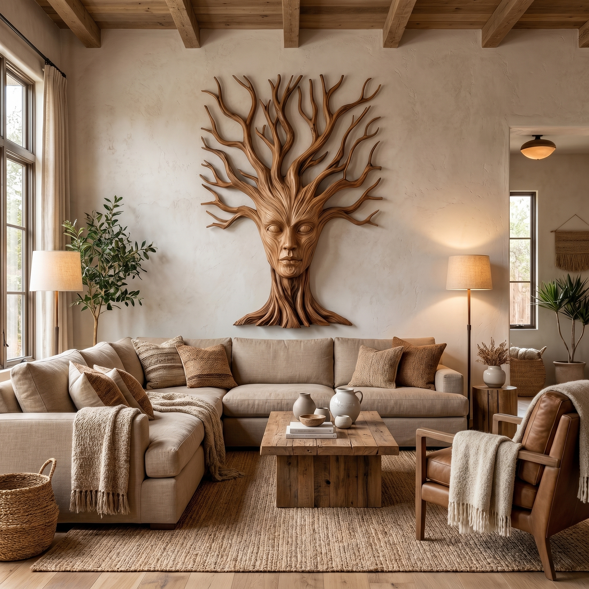 Mystical Tree Spirit Wooden Wall Art With Sculptural Face Design For Entryway And Living Room SINLKIWD104