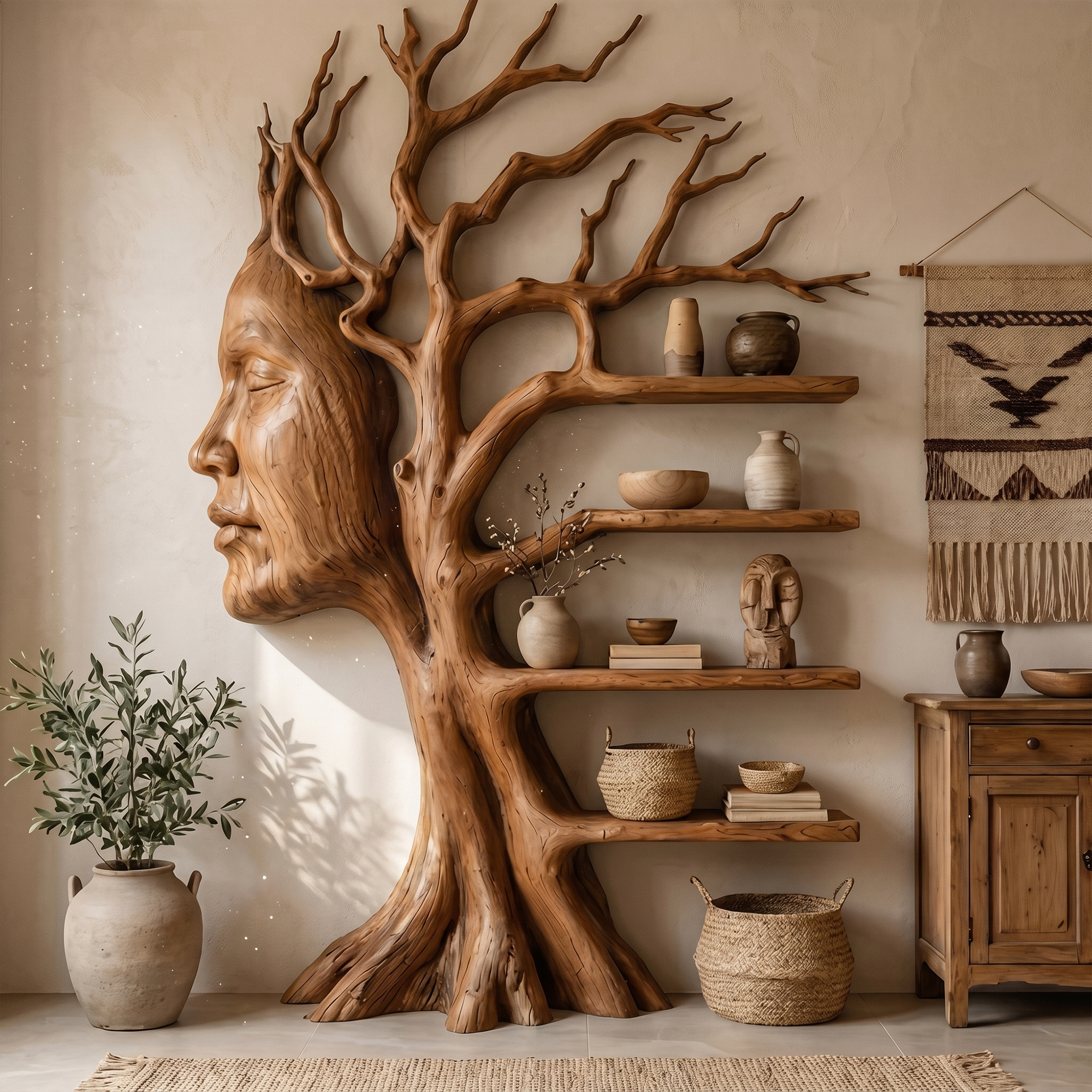 Fantasy Tree Bookshelf With Sculptural Face Design And Integrated Branch Shelves For Living Room SINLKITB735