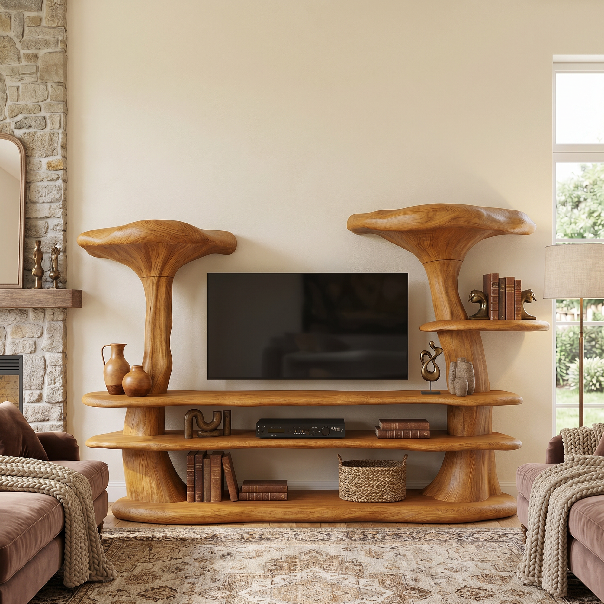 Organic Mushroom TV Stand With Sculptural Solid Wood Design For Living Room SINLKITC055