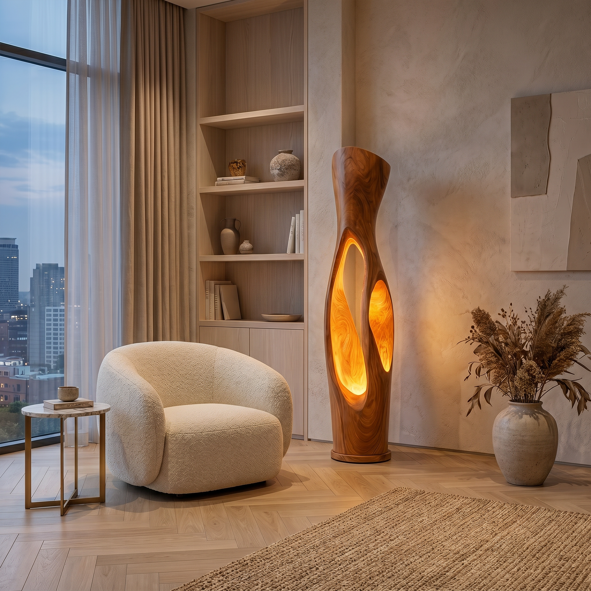 Modern Organic Floor Lamp With Illuminated Hollow Wood Design For Living Room SINLKIFLP102