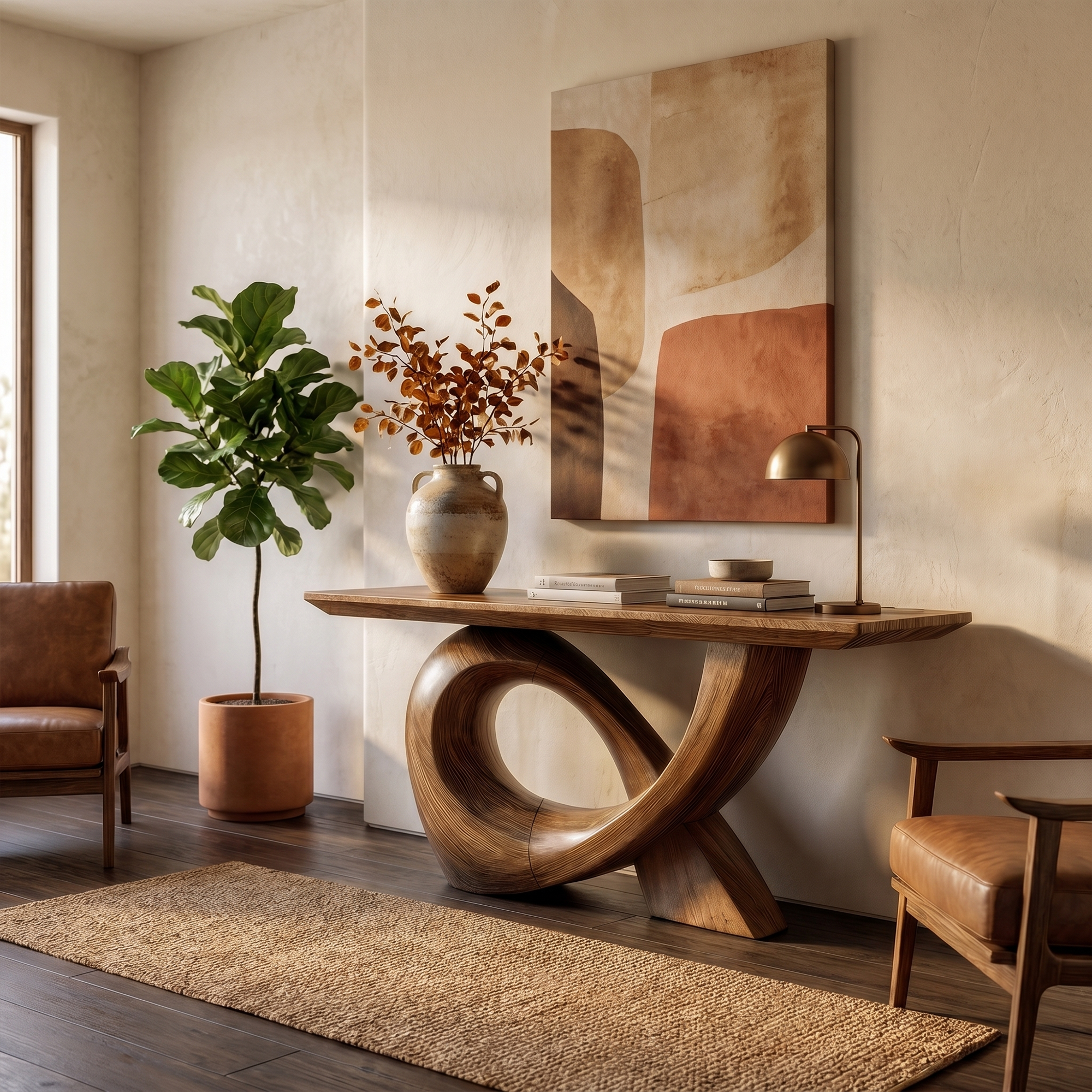 Sculptural Console Table With Flowing Curved Wood Base For Entryway And Living Room SINLKICS596