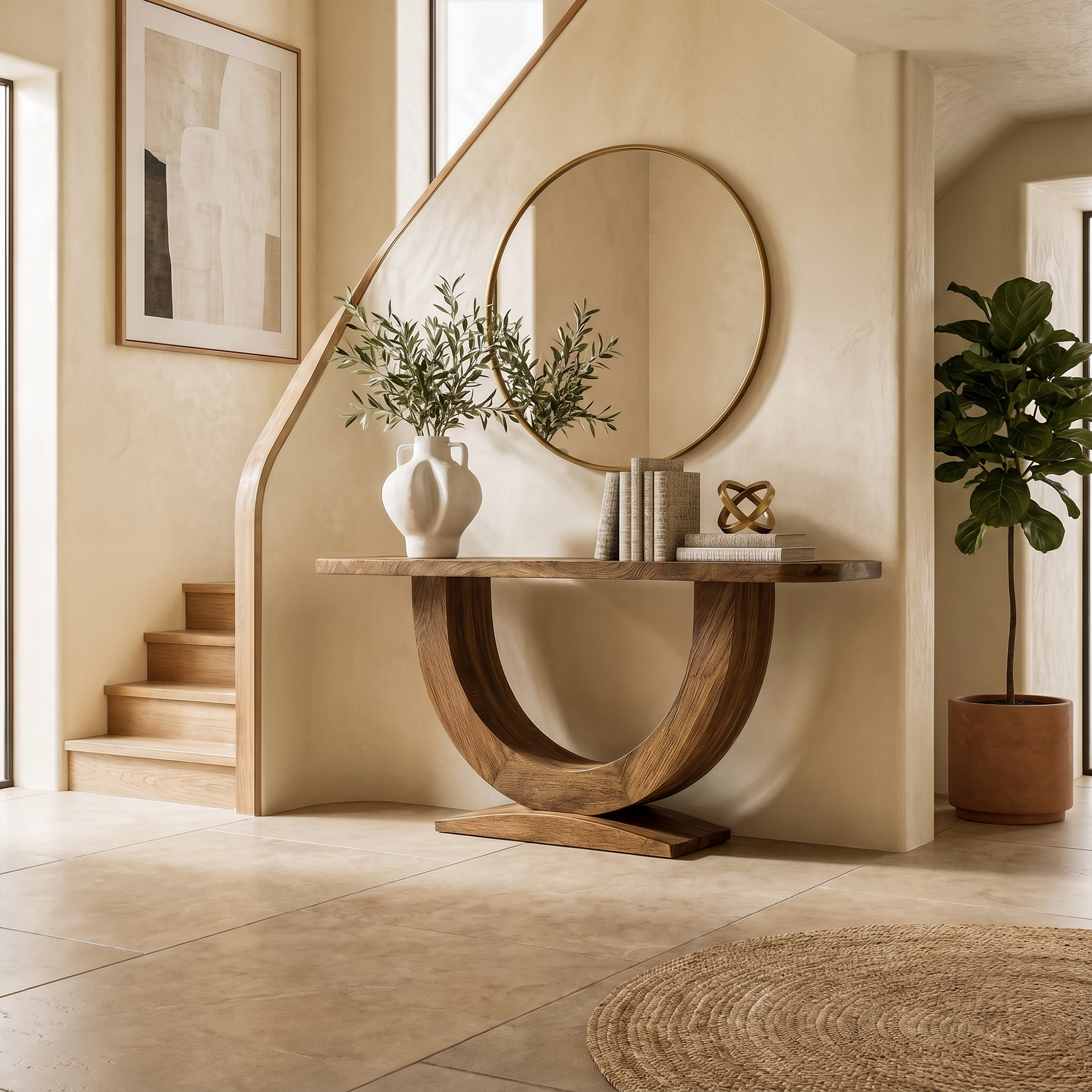 Contemporary Organic Console Table With U Shape Pedestal Base For Entryway And Living Room SINLKICS597