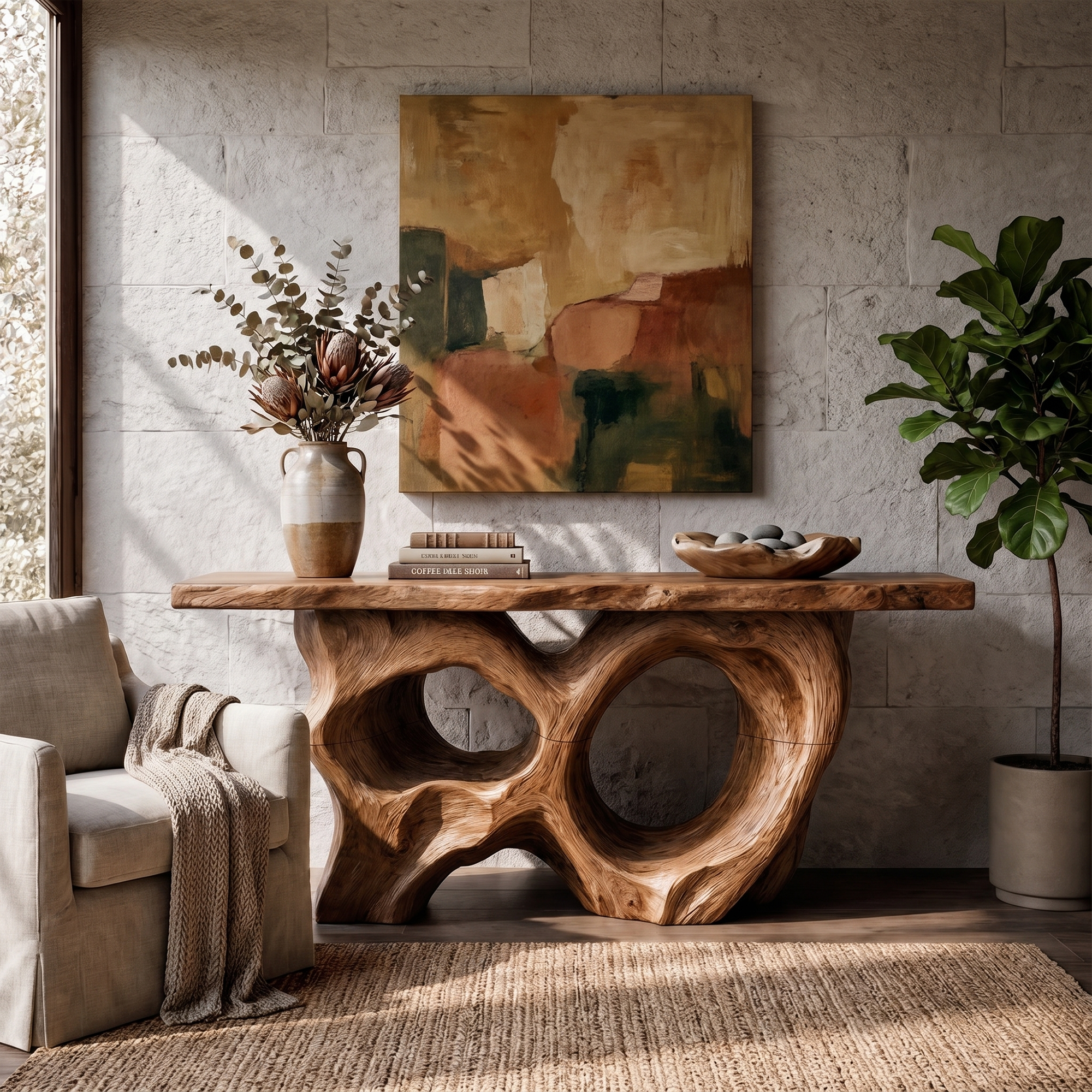 Modern Console Table With Sculptural Asymmetrical Wood Base  For Living Room SINLKICS598