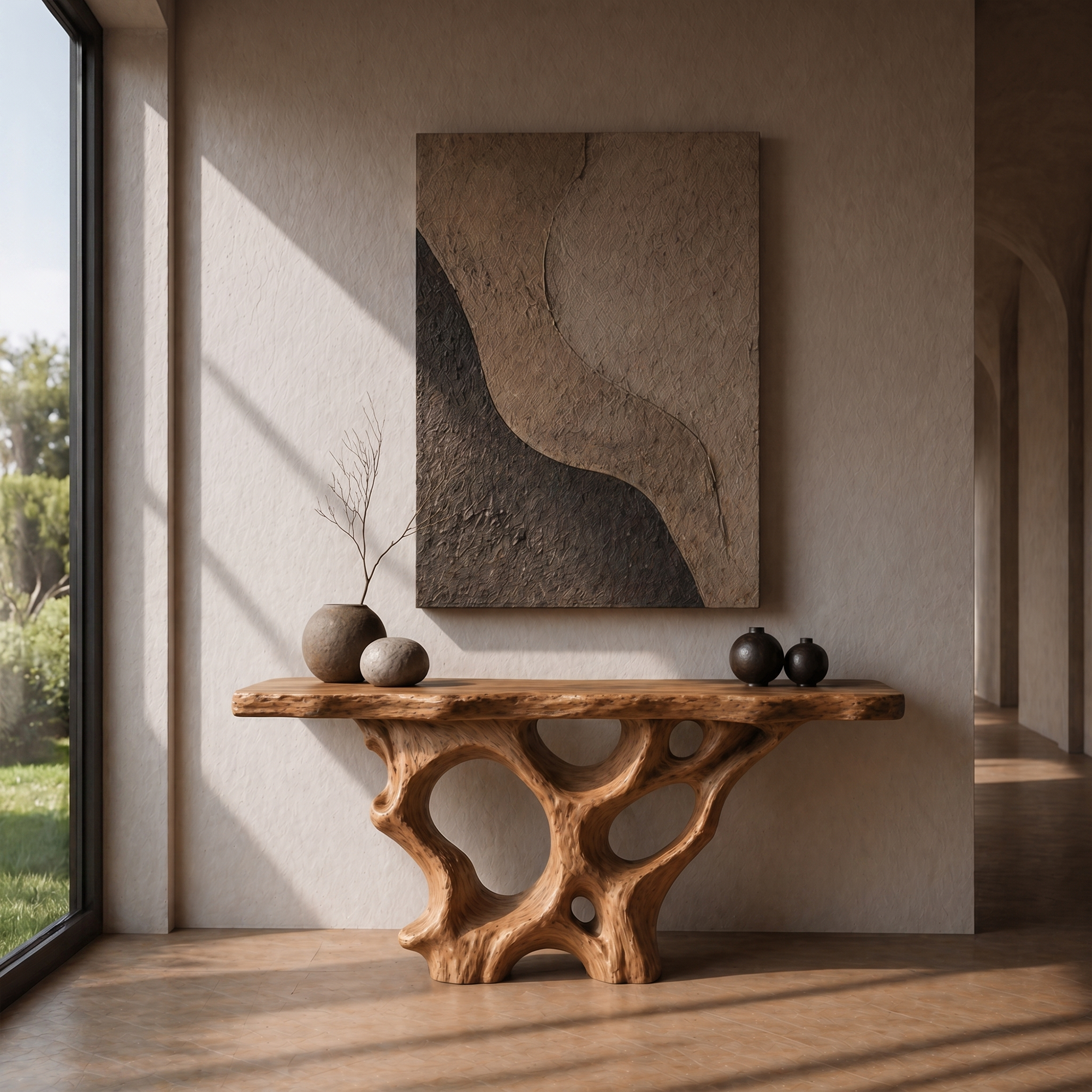 Organic Unique Console Table With Sculptural Natural Wood Base For Living Room SINLKICS599