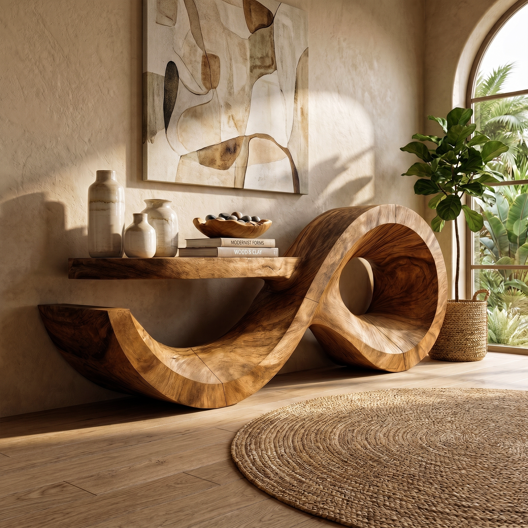 Contemporary Console Table With Sculptural Wave Wood Base And Solid Wood Top For Living Room SINLKICS601