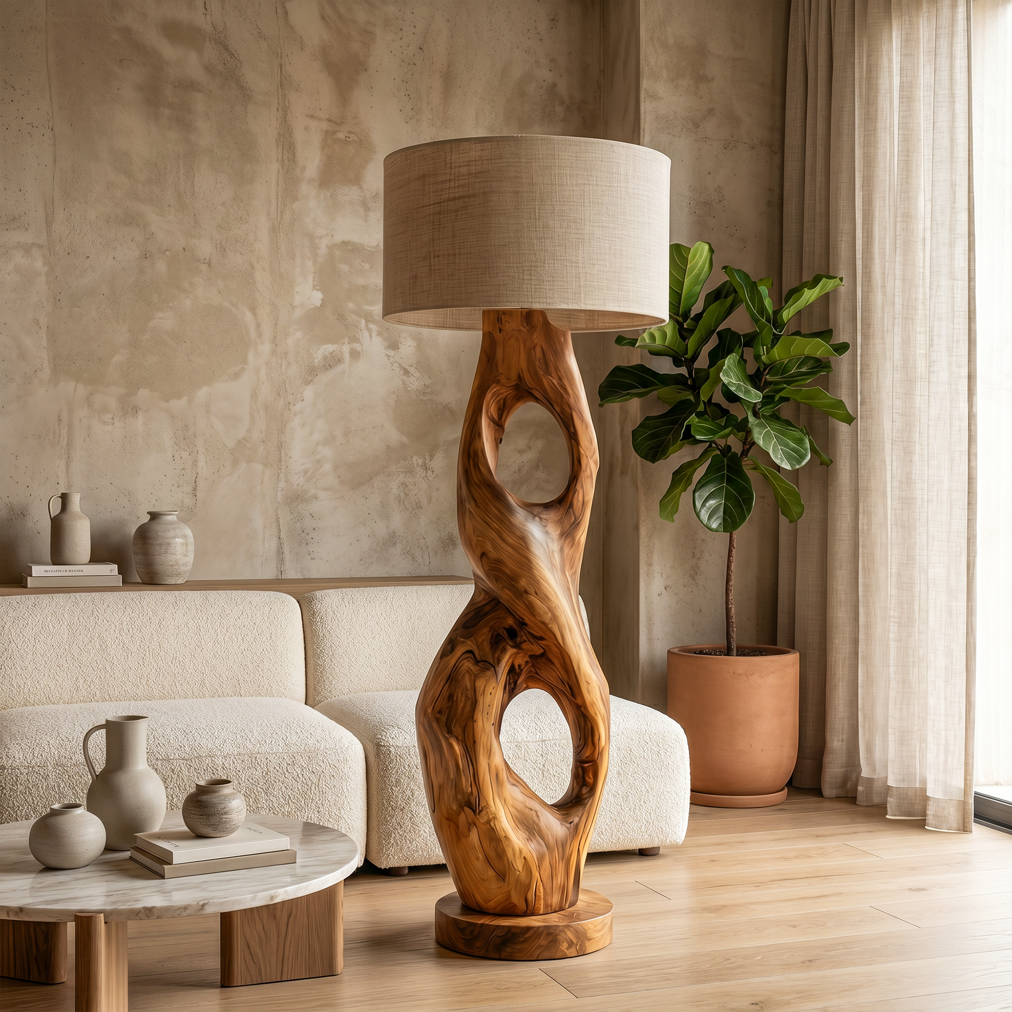 Rustic Floor Lamp With Handcrafted Hollow Wood Sculpture Base For Living Room SINLKIFLP088