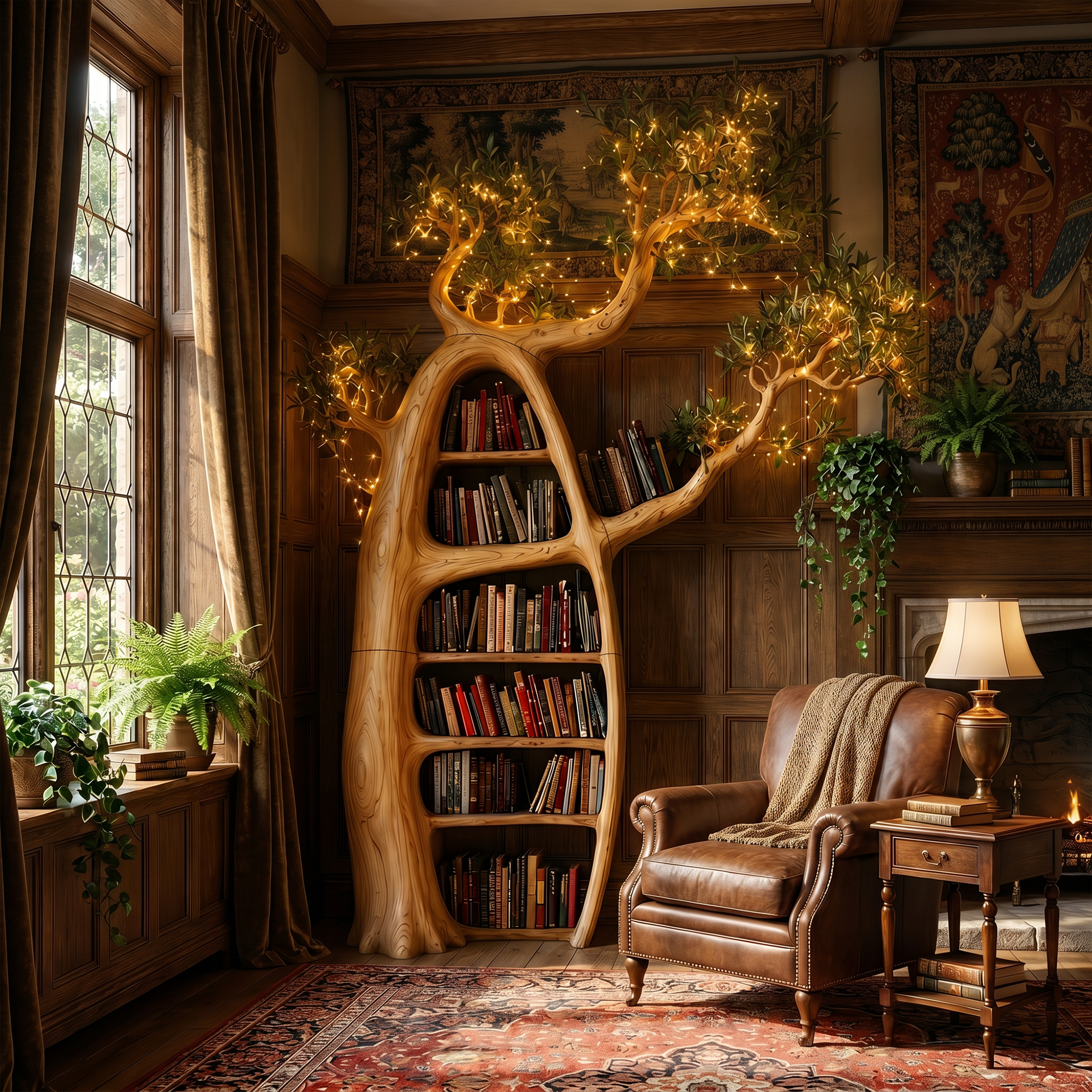 Artistic Tree Bookshelf With Illuminated Branch Crown For Living Room SINLKITB752