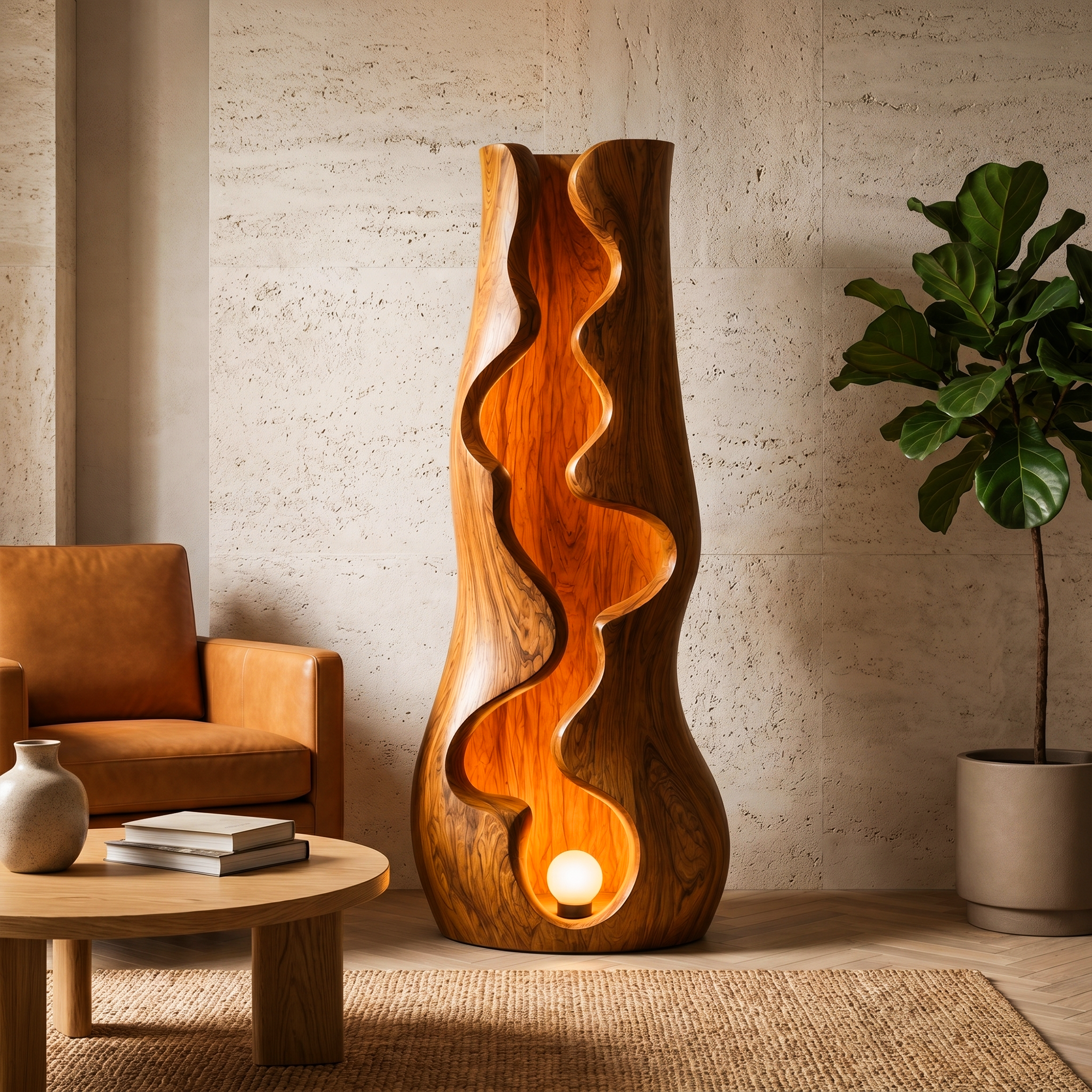 Organic Floor Lamp With Sculptural Wave Wood Design For Living Room And Bedroom SINLKIFLP105