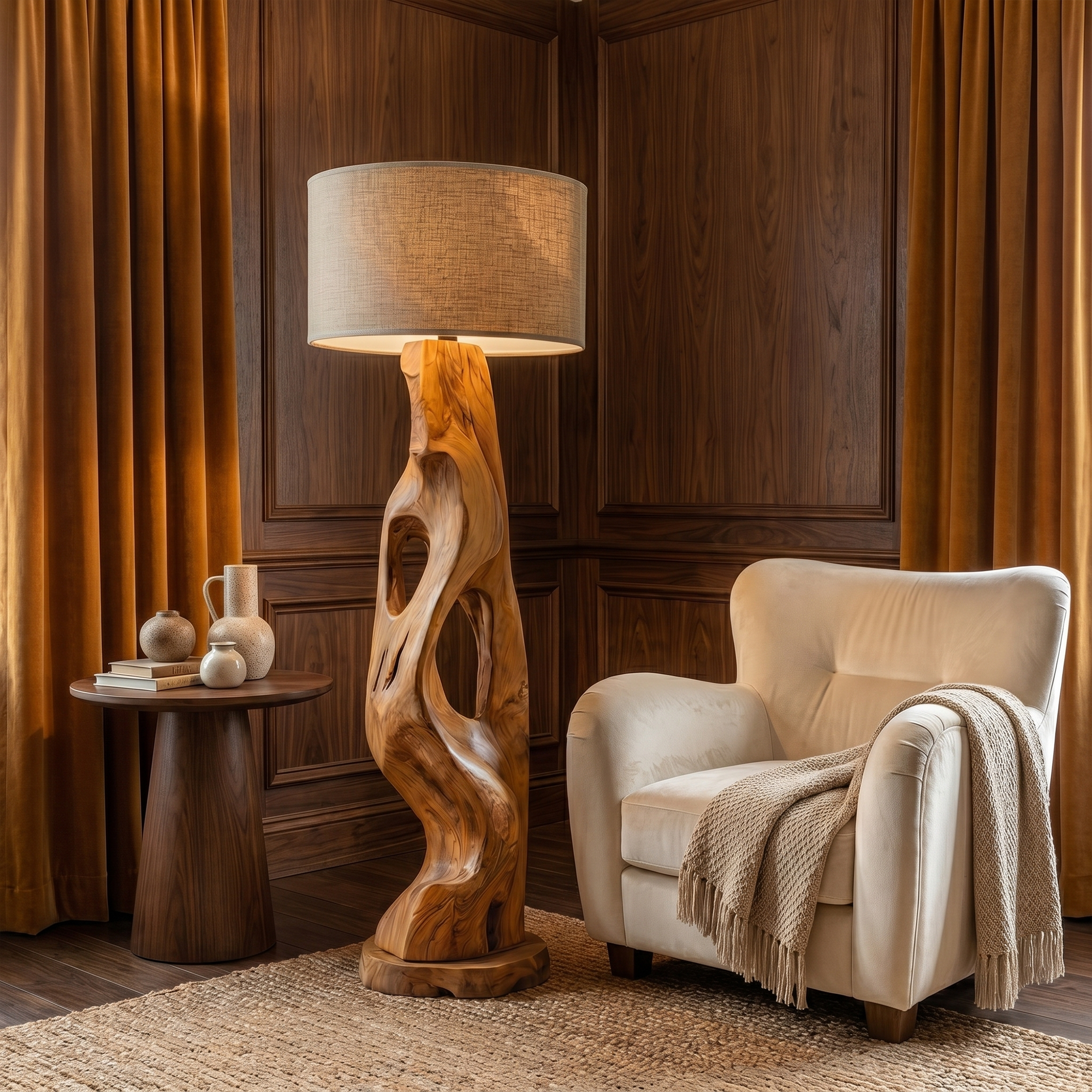 Organic Modern Standing Lamp With Artistic Solid Wood Base For Living Room SINLKIFLP090