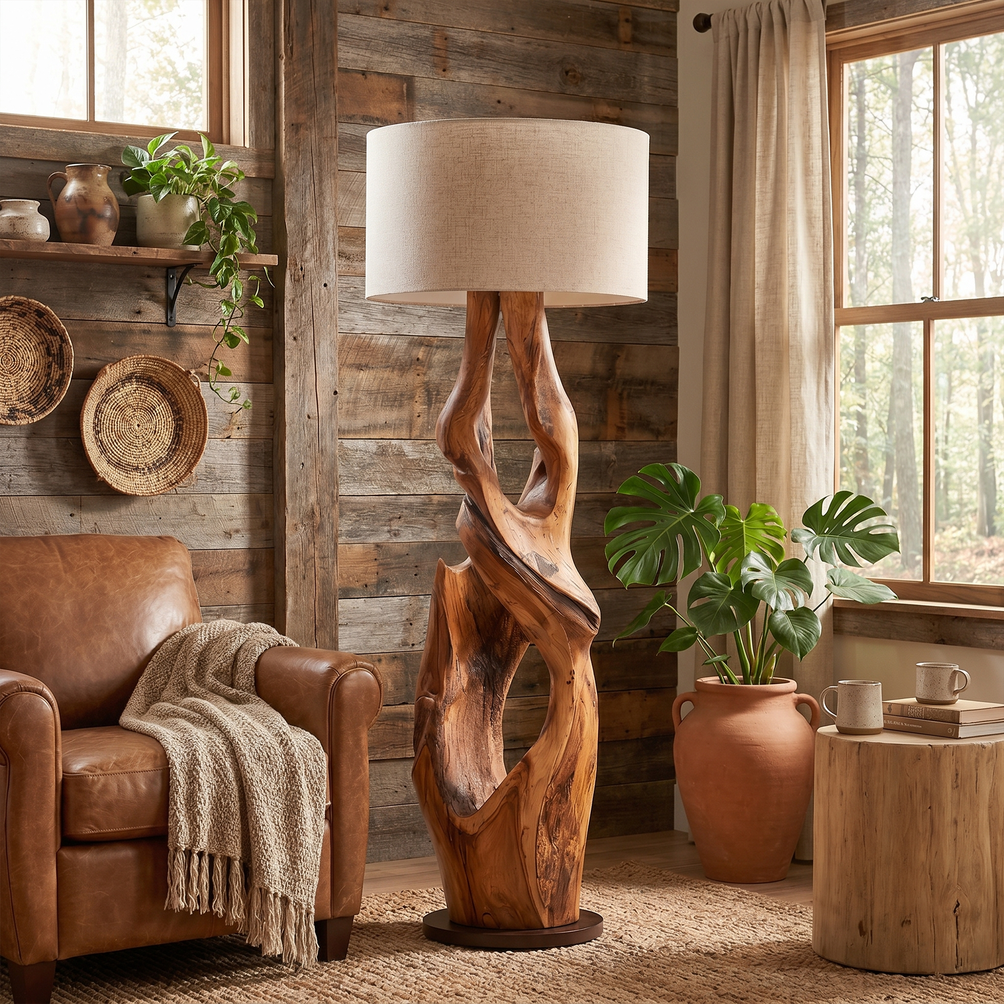 Contemporary Organic Floor Lamp With Artistic Hollow Wood Structure For Living Room SINLKIFLP092