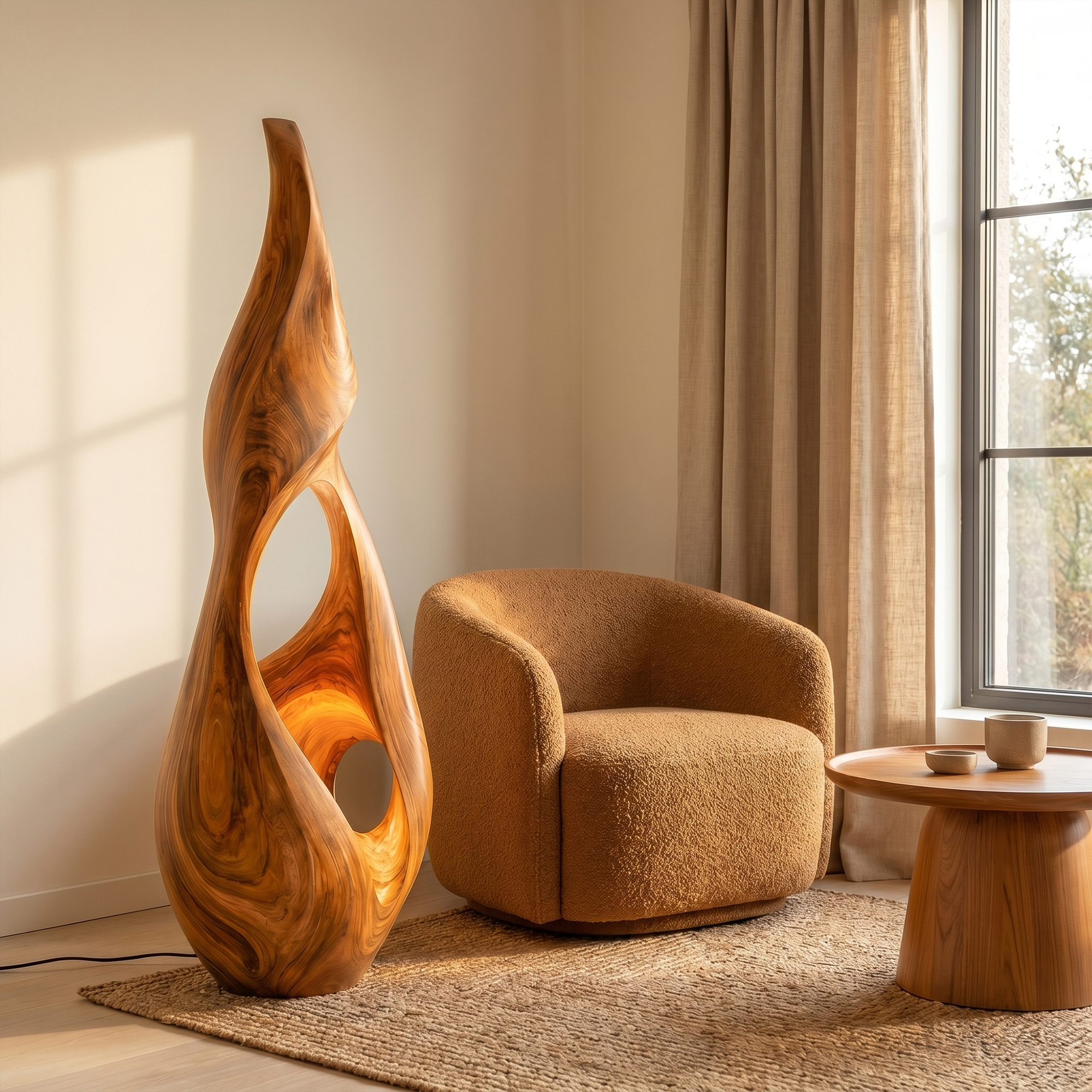 Nature Inspired Floor Lamp With Sculptural Solid Wood Form For Living Room SINLKIFLP094