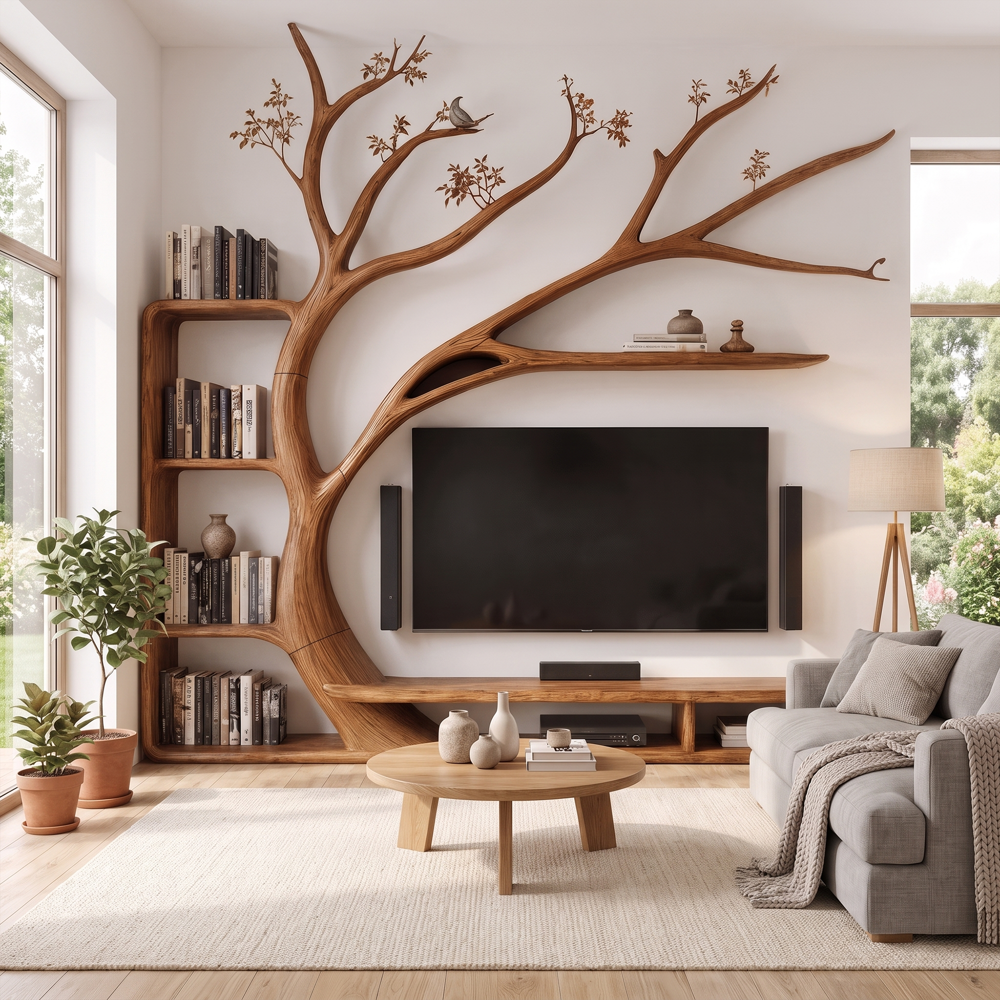Handcrafted TV Cabinet With Artistic Tree Bookcase For Living Room SINLKITC084