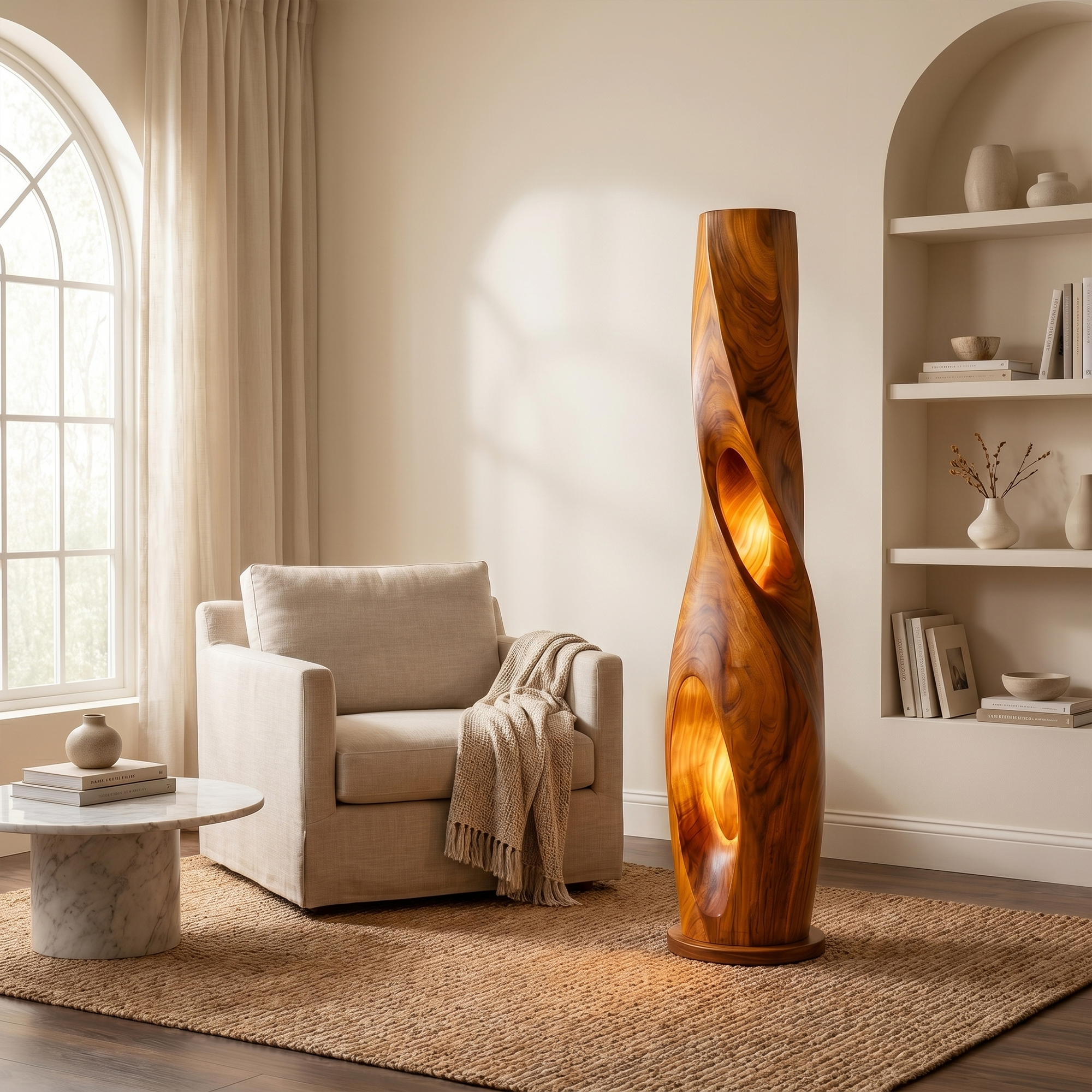 Modern Sculptural Floor Lamp With Hollow Solid Wood Design For Living Room SINLKIFLP095