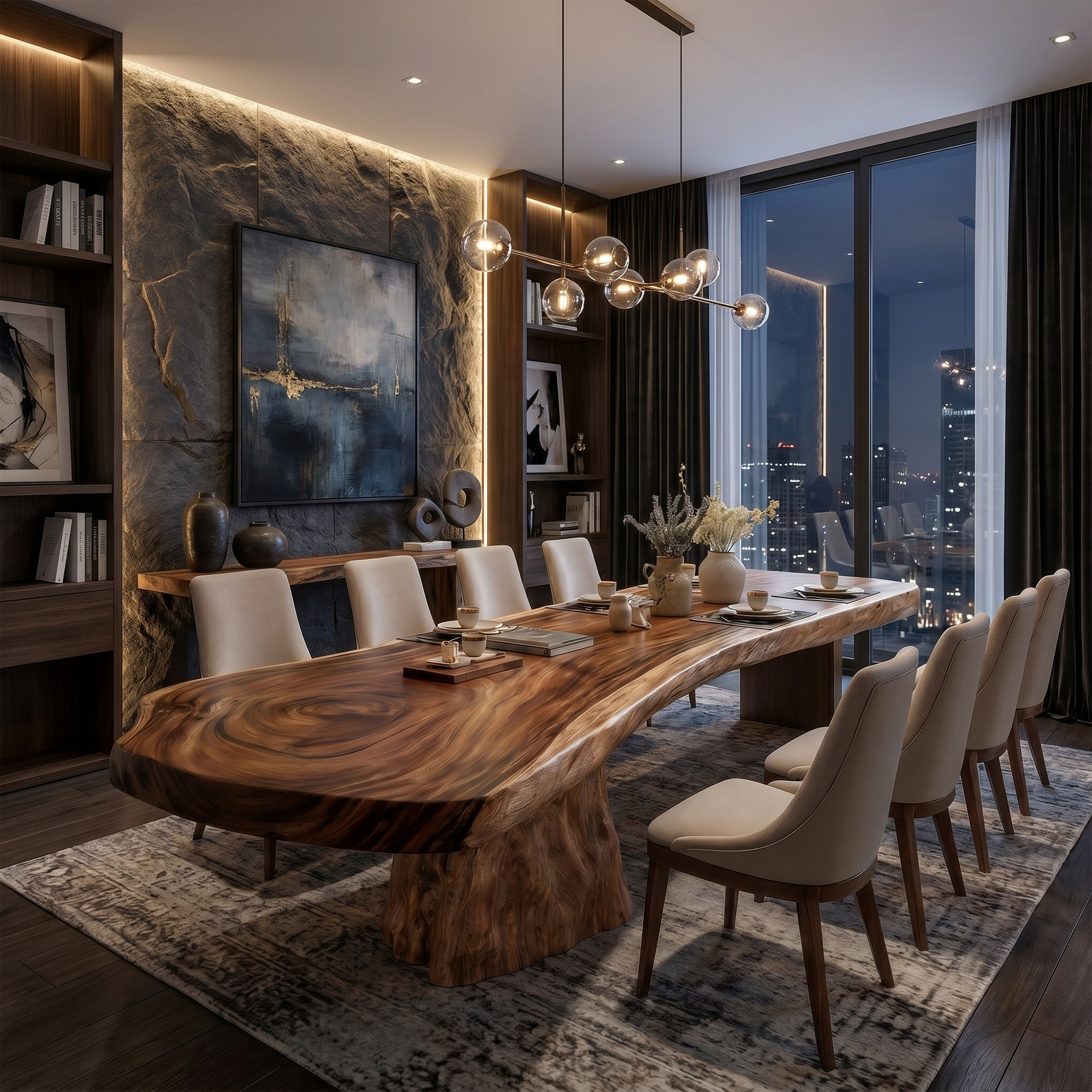Organic Sculptural Dining Table With Live Edge Solid Wood Top And Pedestal Base For Dining Room SINLKIDT185