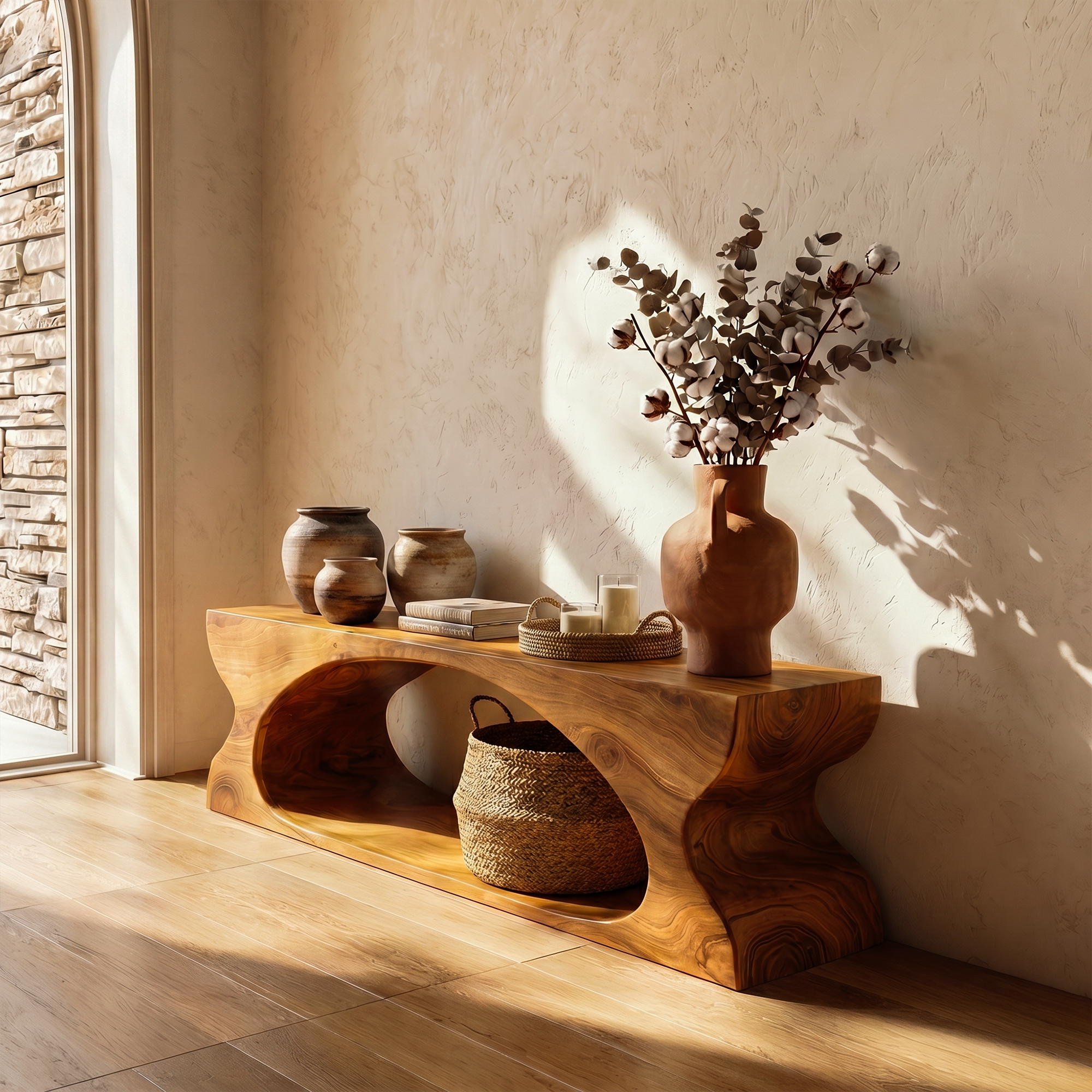 Modern Sculptural Wooden Bench With Organic Design For Entryway And Living Room SINLKIRS105