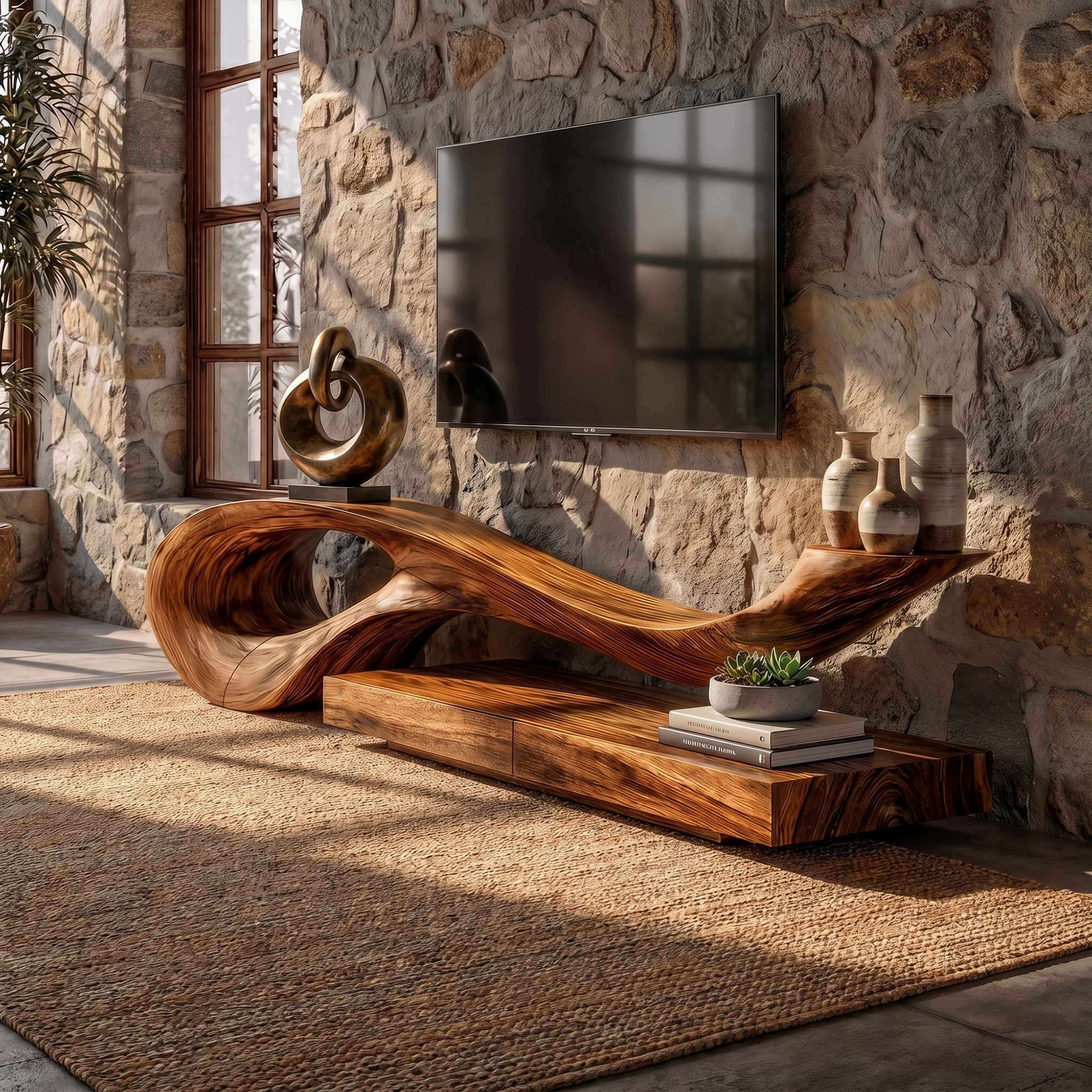 Sculptural TV Cabinet With Unique Flowing Curve Wood Base And Solid Wood Media Console For Living Room SINLKITC036